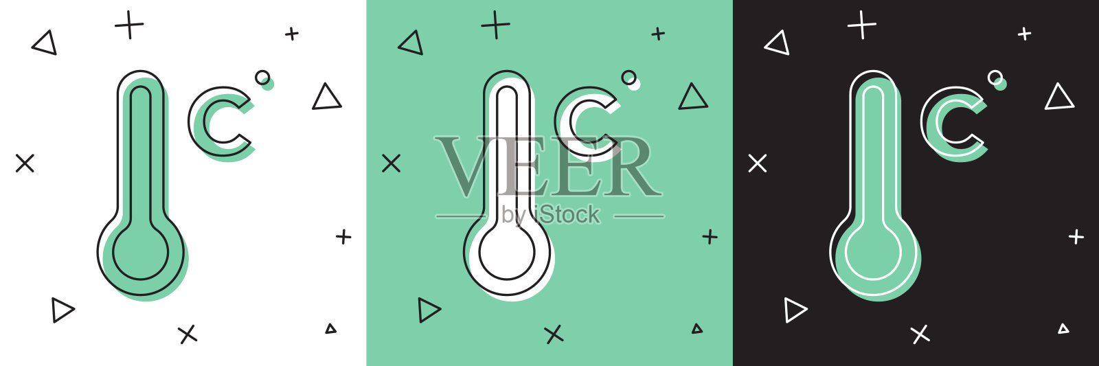 设置气象学温度计测量图标孤立在白色和绿色，黑色背景。显示冷热天气的温度计设备。向量插画图片素材