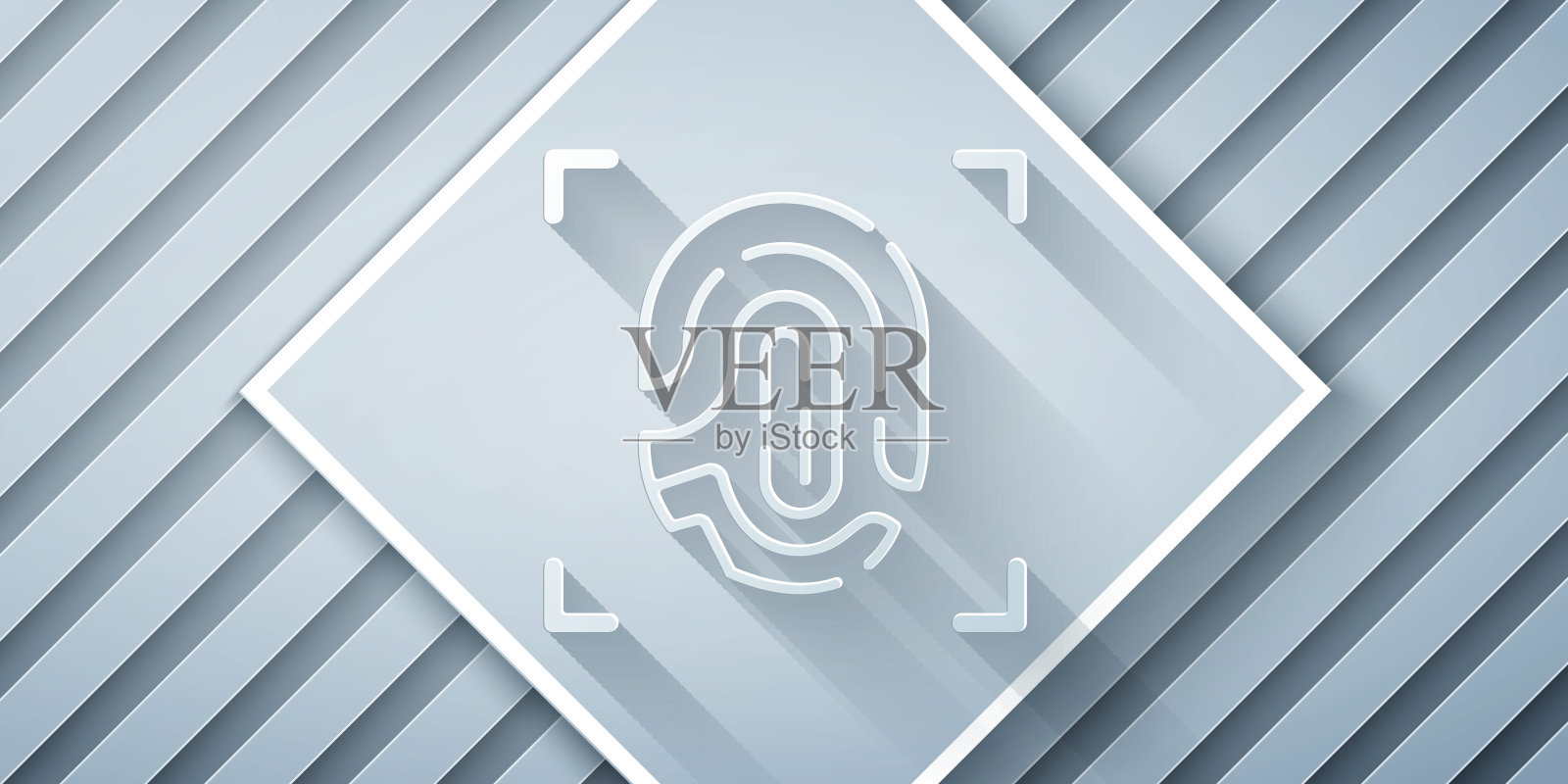 剪纸指纹图标孤立在灰色背景。ID的应用图标。识别标志。触摸id。纸艺术风格。向量插画图片素材