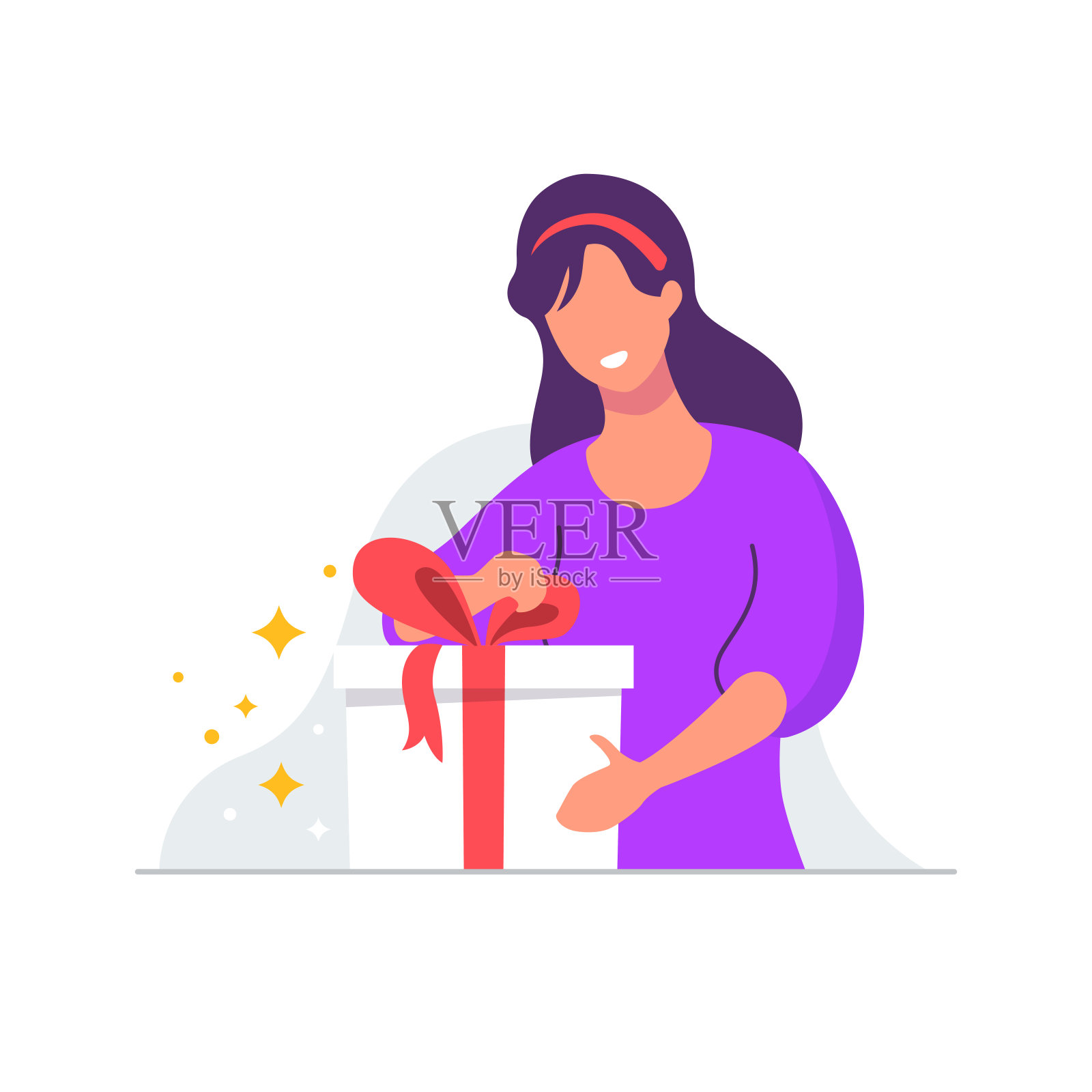 快乐女孩打开礼物盒与红色弓矢量插图。微笑的女人与惊喜盒子。生日庆祝活动。平的风格。插画图片素材