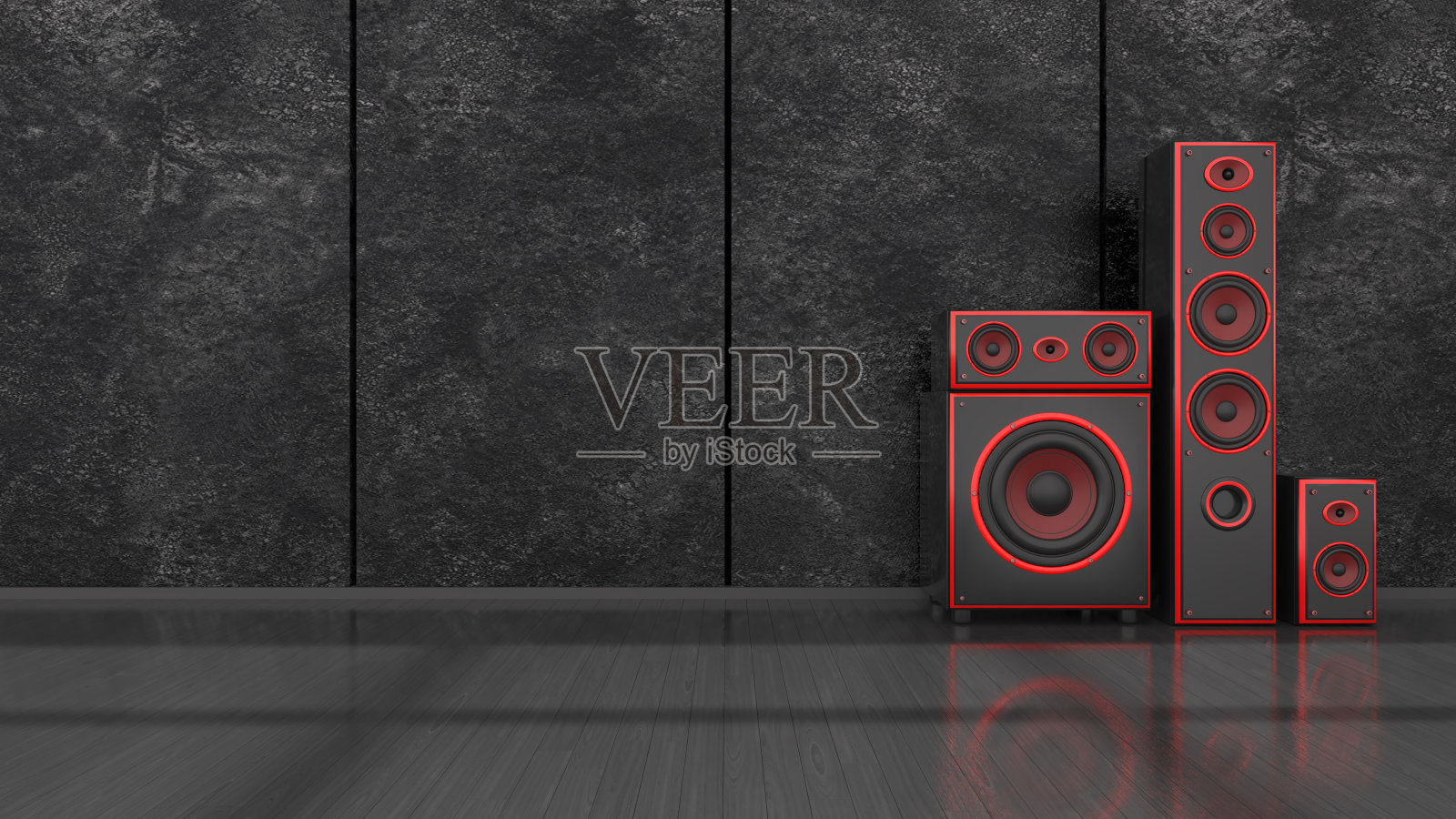 黑色内饰与现代设计黑色和红色扬声器系统照片摄影图片
