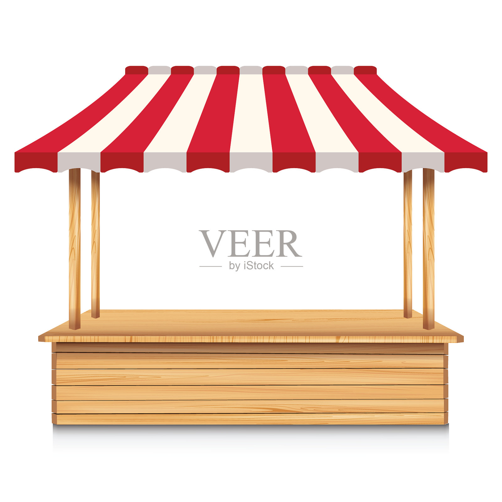 木制的市场摊位与红色的遮阳篷在一个白色插画图片素材