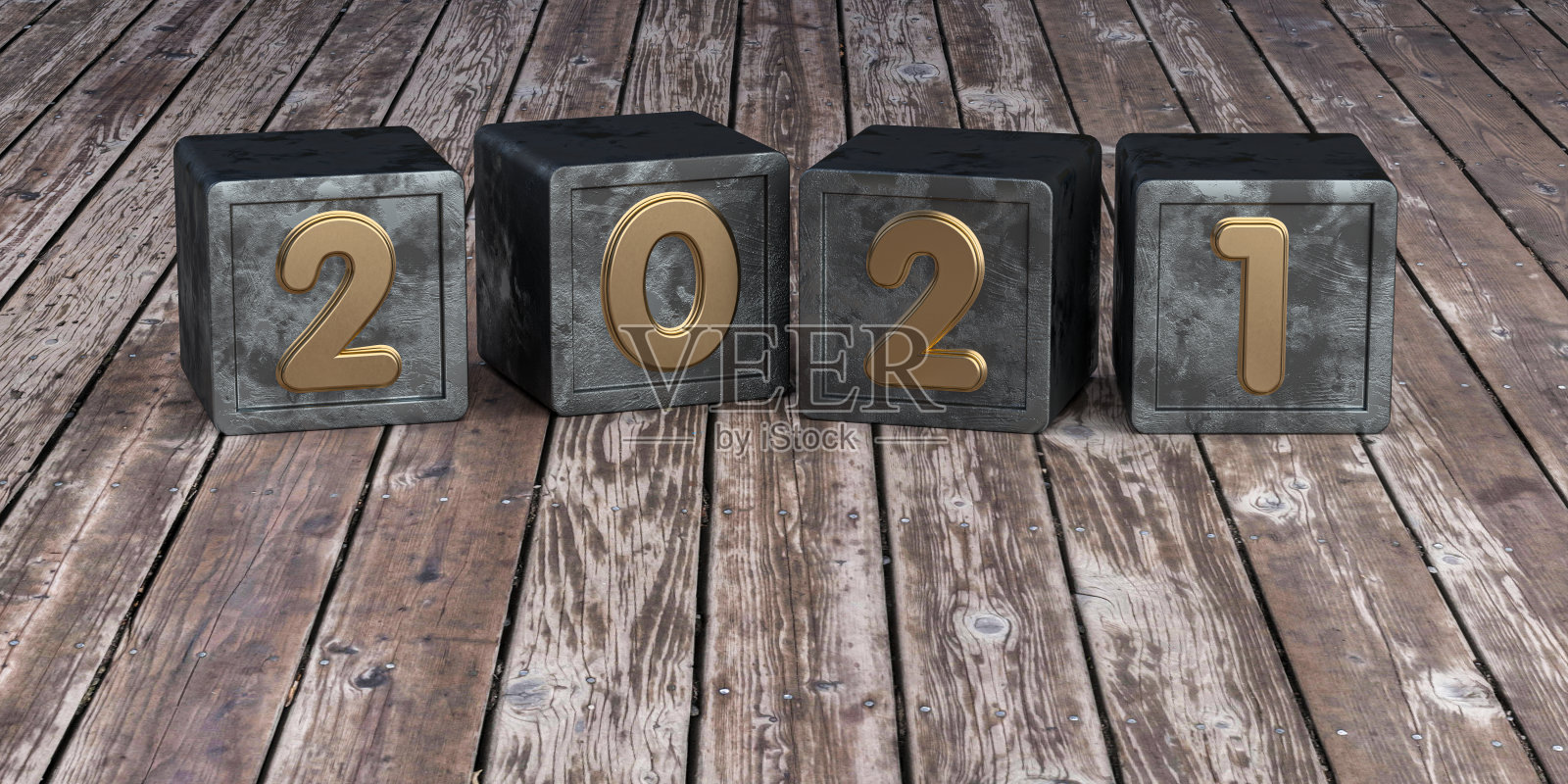 2021年木质背景上的金属立方体。新年的日期照片摄影图片
