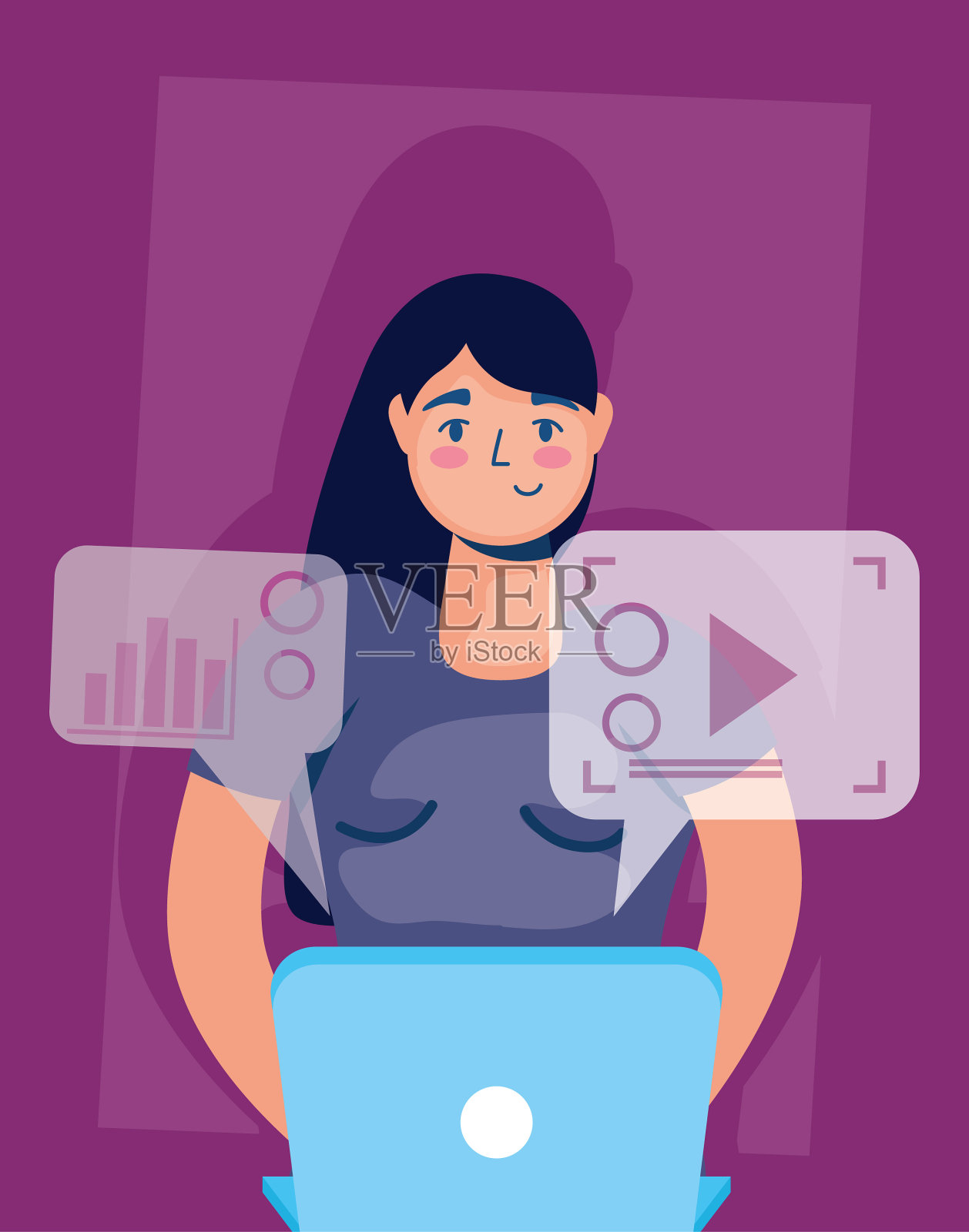 女性使用笔记本电脑技术字符图标插画图片素材