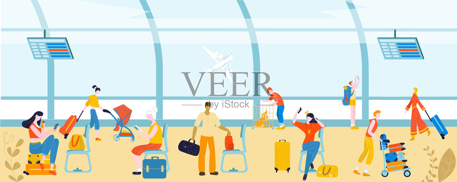 游客带着行李在机场旅行插画图片素材