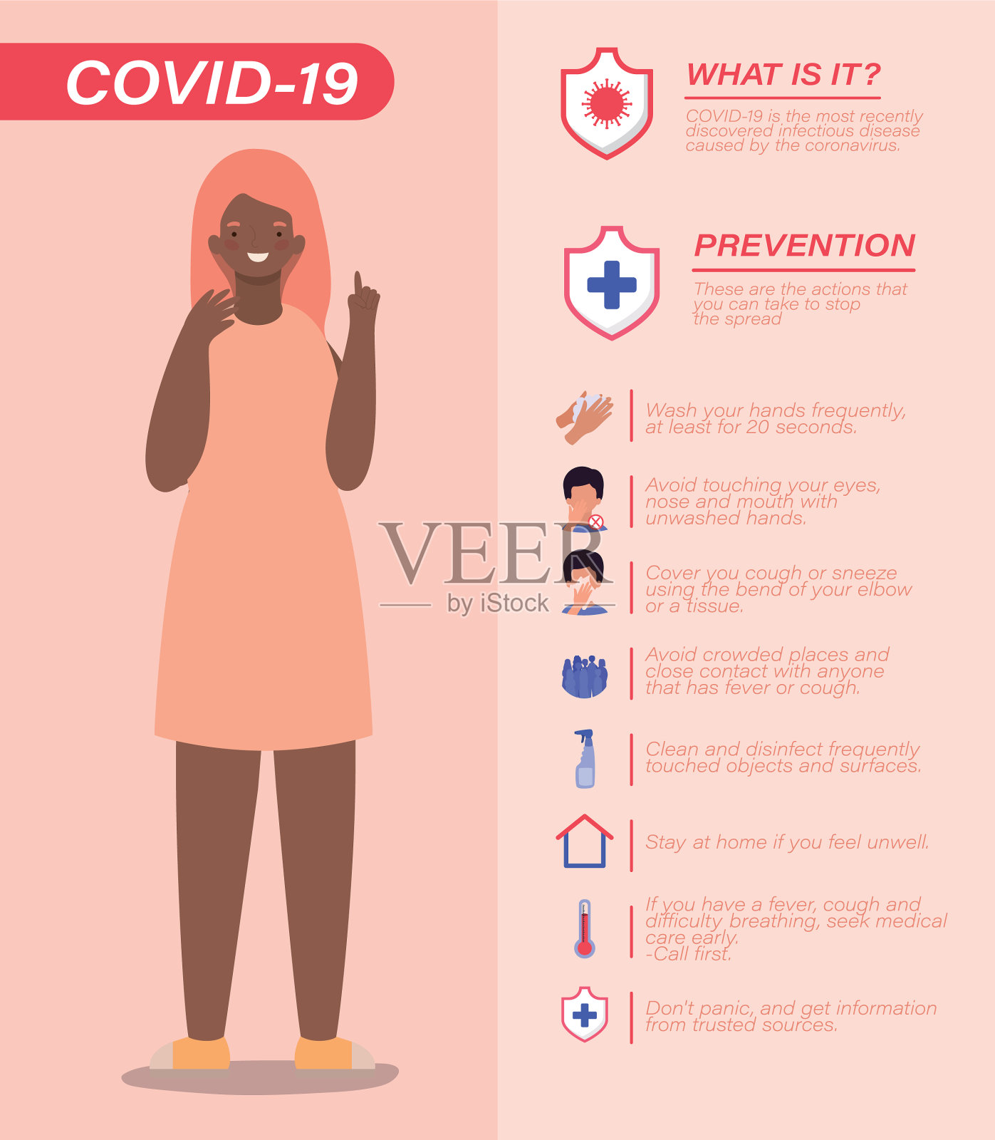 Covid - 19病毒预防提示和女性化身插画图片素材