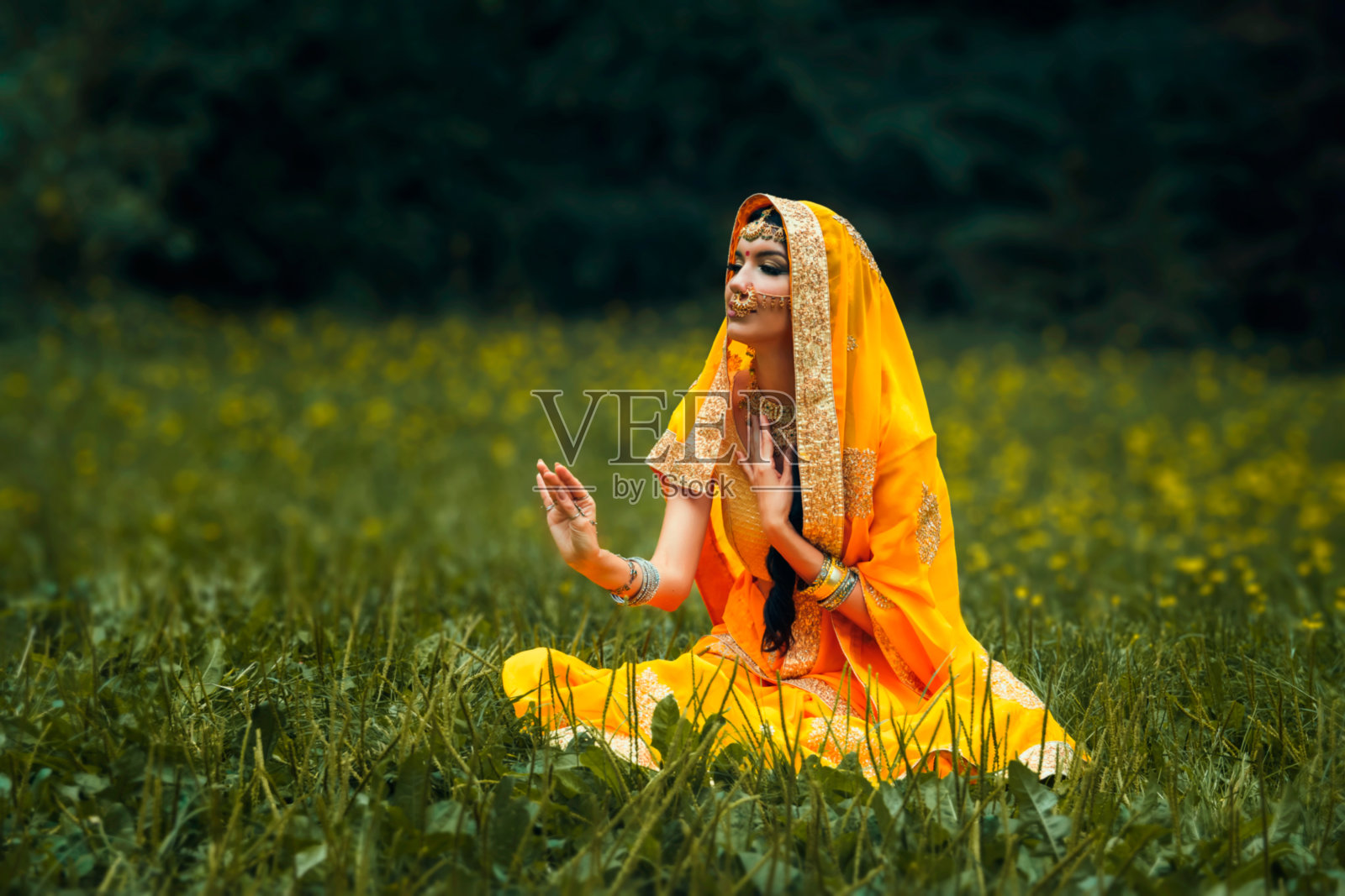 穿着传统印度服装的年轻女舞者照片摄影图片