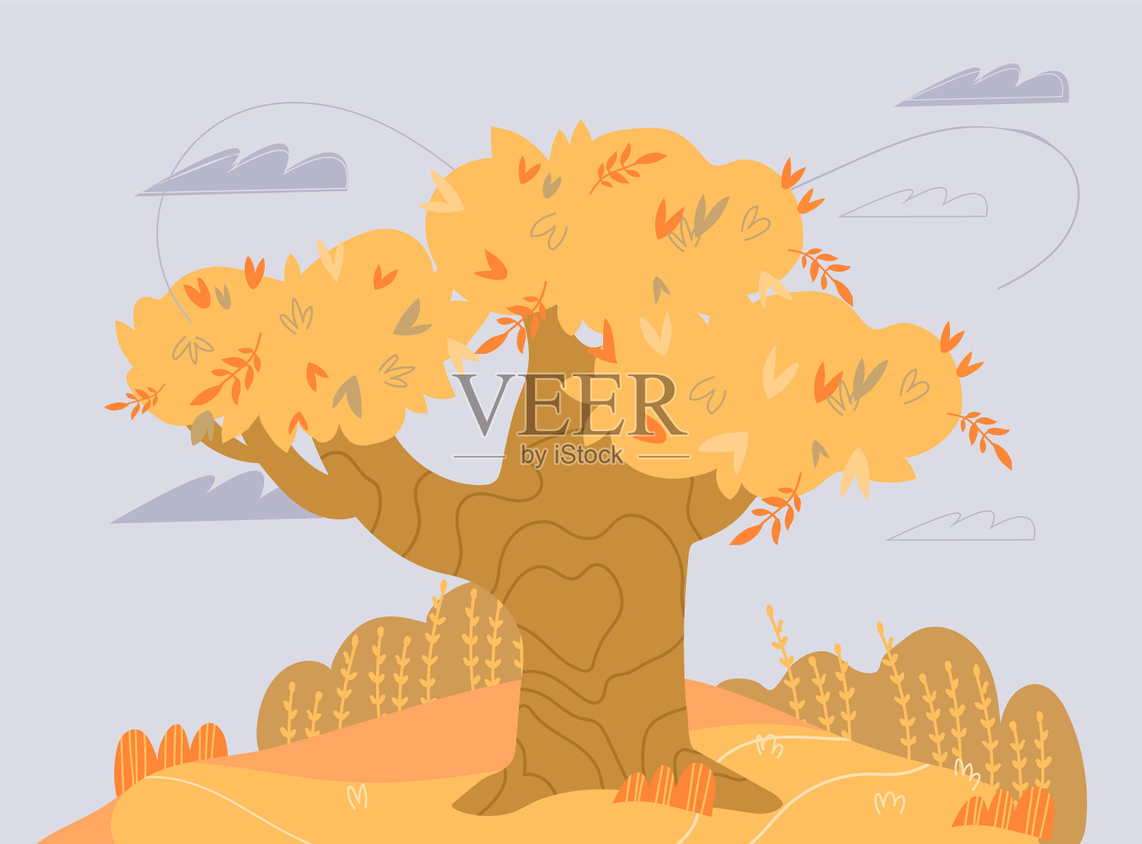 背景与秋天树与黄叶平面矢量插图。插画图片素材