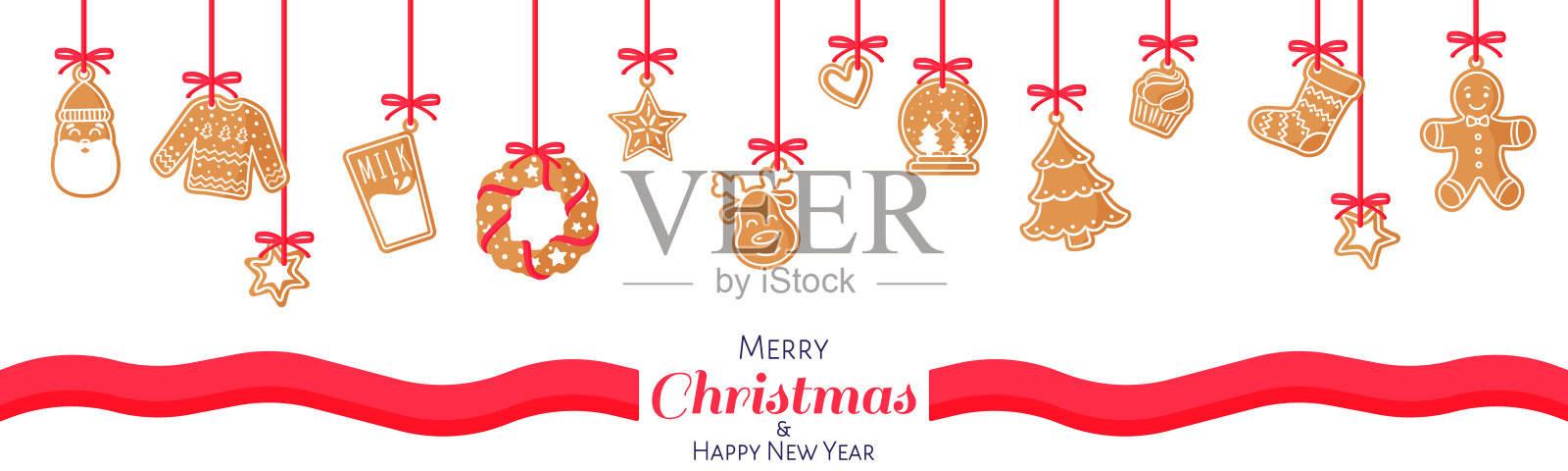 矢量卡通圣诞或新年横幅姜饼与白色背景上的白色糖衣设计模板素材