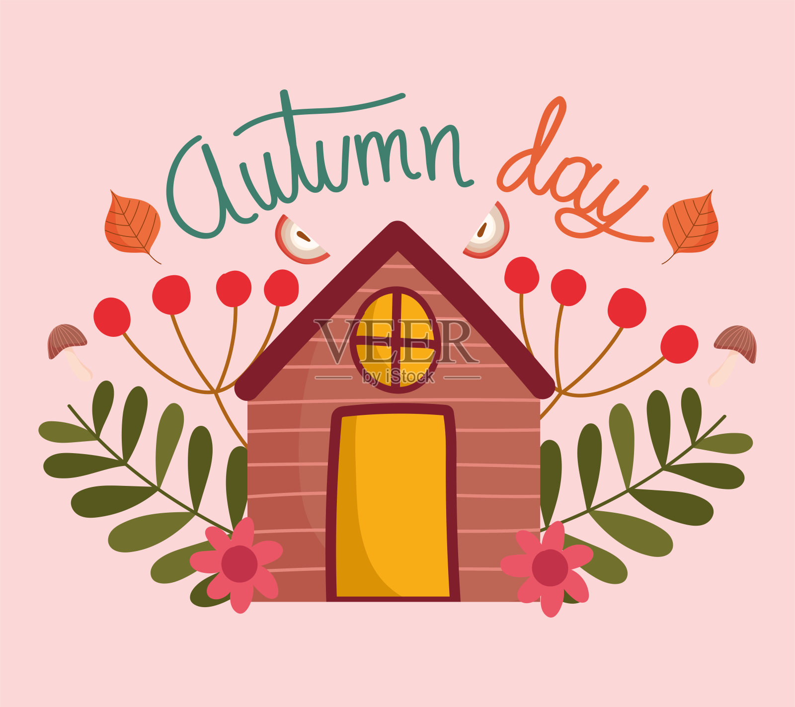 你好，秋天木村舍浆果，叶片花自然卡插画图片素材