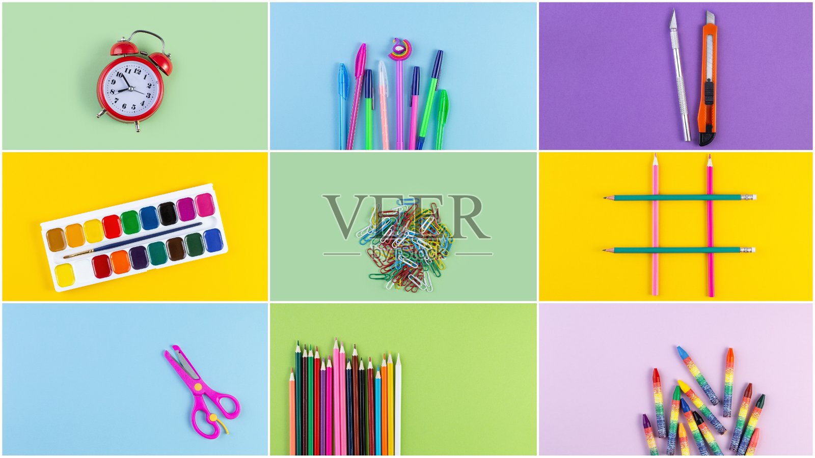 一套以彩色纸为背景的学习字母绘画教育的学校附件照片摄影图片