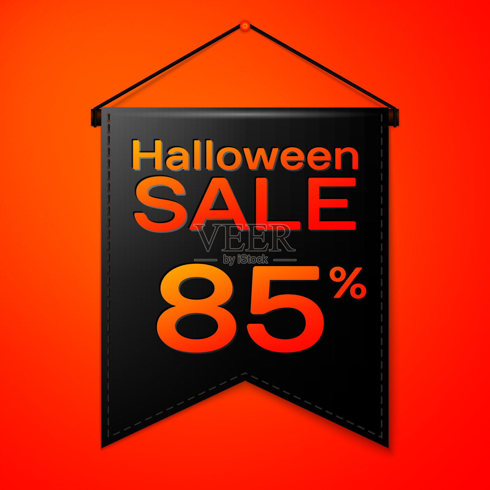 逼真的黑色三角旗与题字万圣节销售85%的折扣，在红色背景。彩色贴纸，横幅出售，购物，商业主题。矢量图插画图片素材