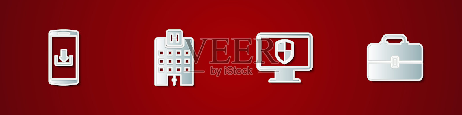 设置智能手机下载，医疗医院大楼，监控和盾牌和工具箱图标。向量图标素材