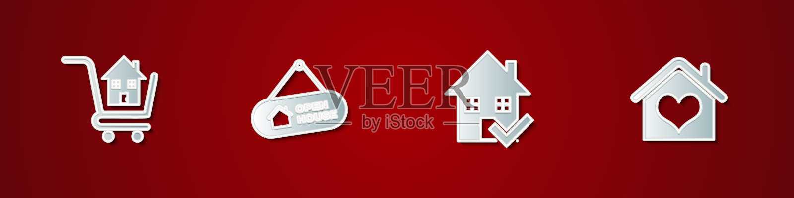 设置购物车与房子，悬挂标志开放，房子检查标记和心形图标。向量插画图片素材