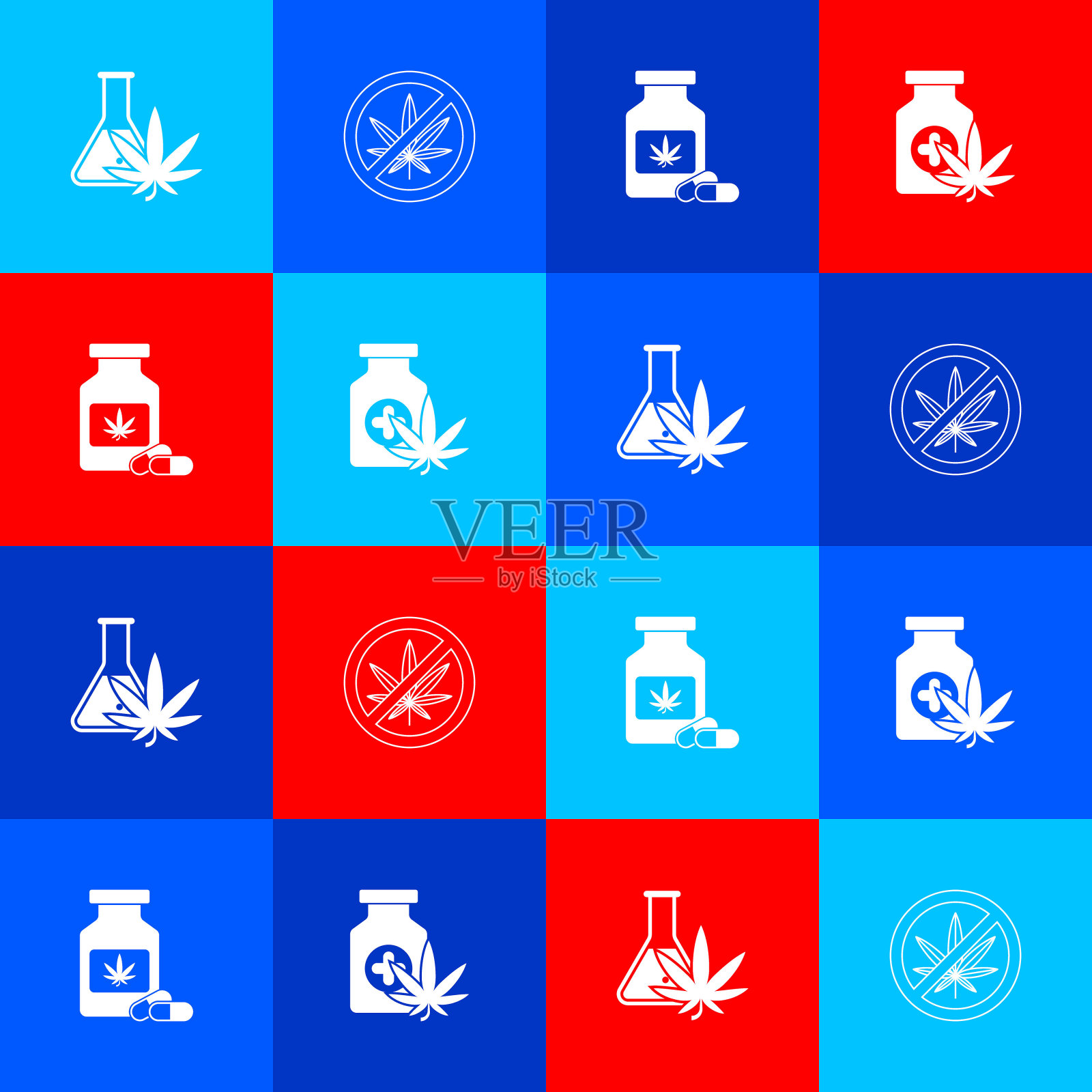 设置试管与大麻，停止，医药瓶和图标。向量插画图片素材