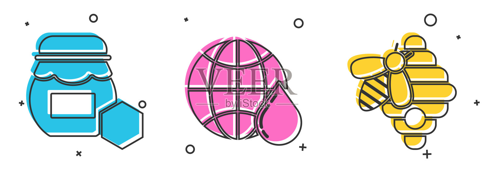 集罐的蜂蜜，蜂巢地图的世界和蜂巢的蜜蜂图标。向量插画图片素材