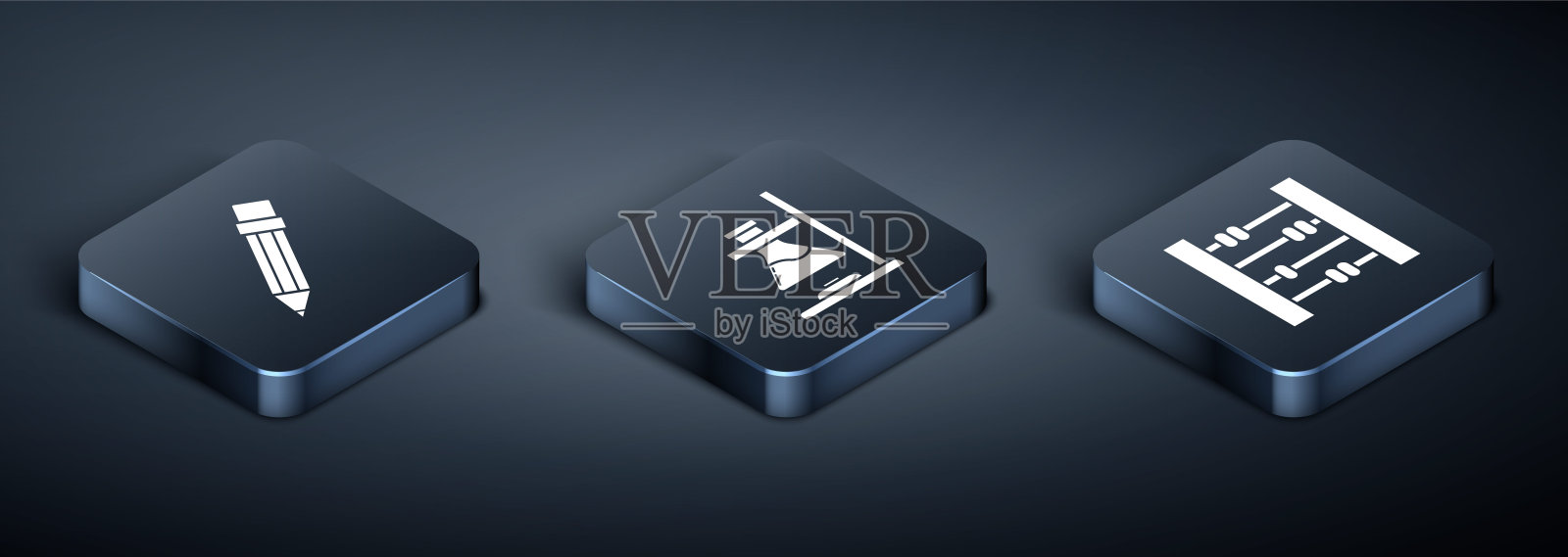 设置等距铅笔与橡皮，算盘和玻璃试管烧瓶火图标。向量图标素材