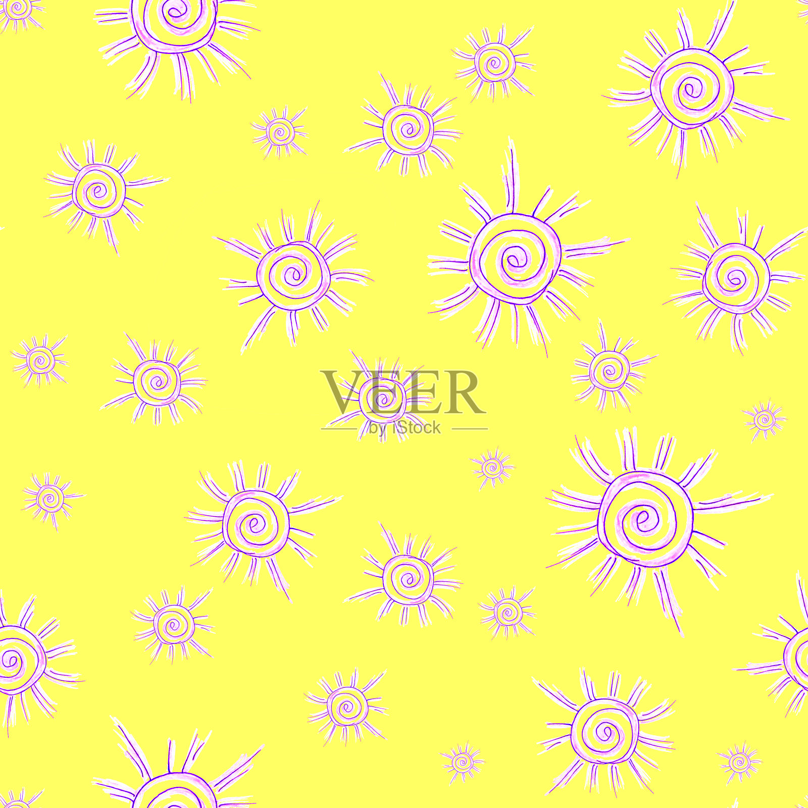 无缝模式。黄色背景上亮粉色的太阳。涂鸦风格。插图。插画图片素材