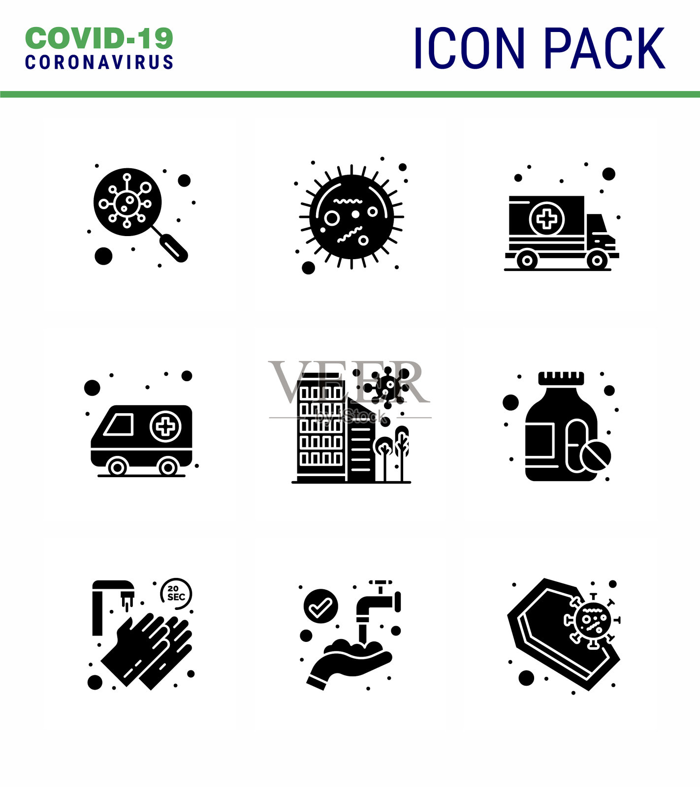 COVID-19防护冠状病毒摆顶9实心图标素材