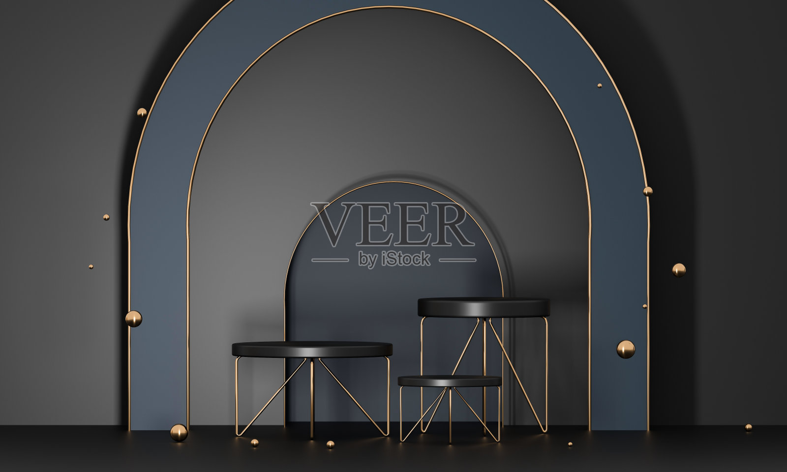 3D渲染裙房几何与蓝色和金色元素。抽象几何形状的空白裙房。最小场景圆形台阶地板抽象构成。空展柜，基座平台展示。照片摄影图片