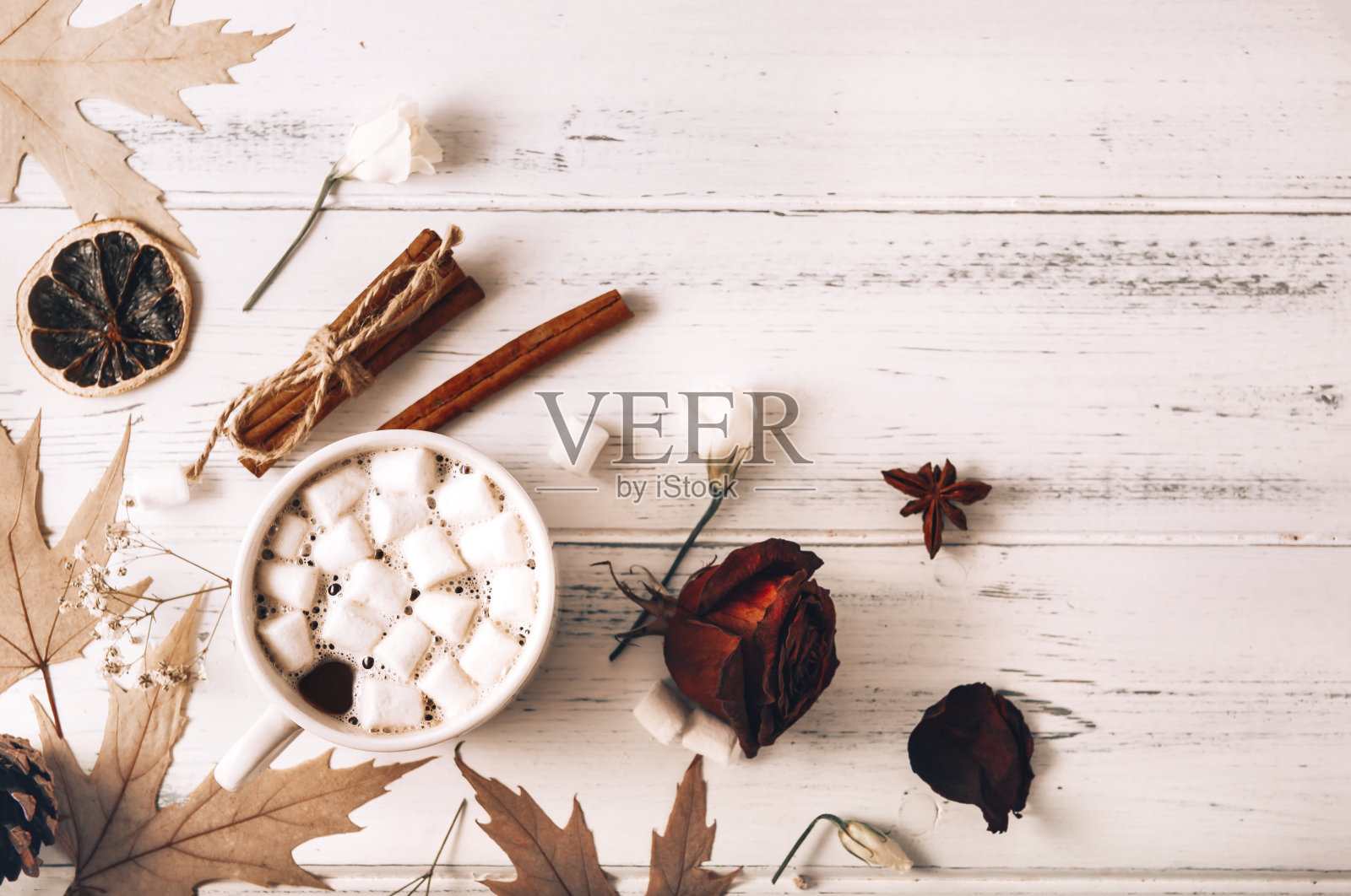 可可与棉花糖，秋天的黄色枫叶，锥形，肉桂棒，干玫瑰在白色木质背景复制空间俯视图，热巧克力照片摄影图片