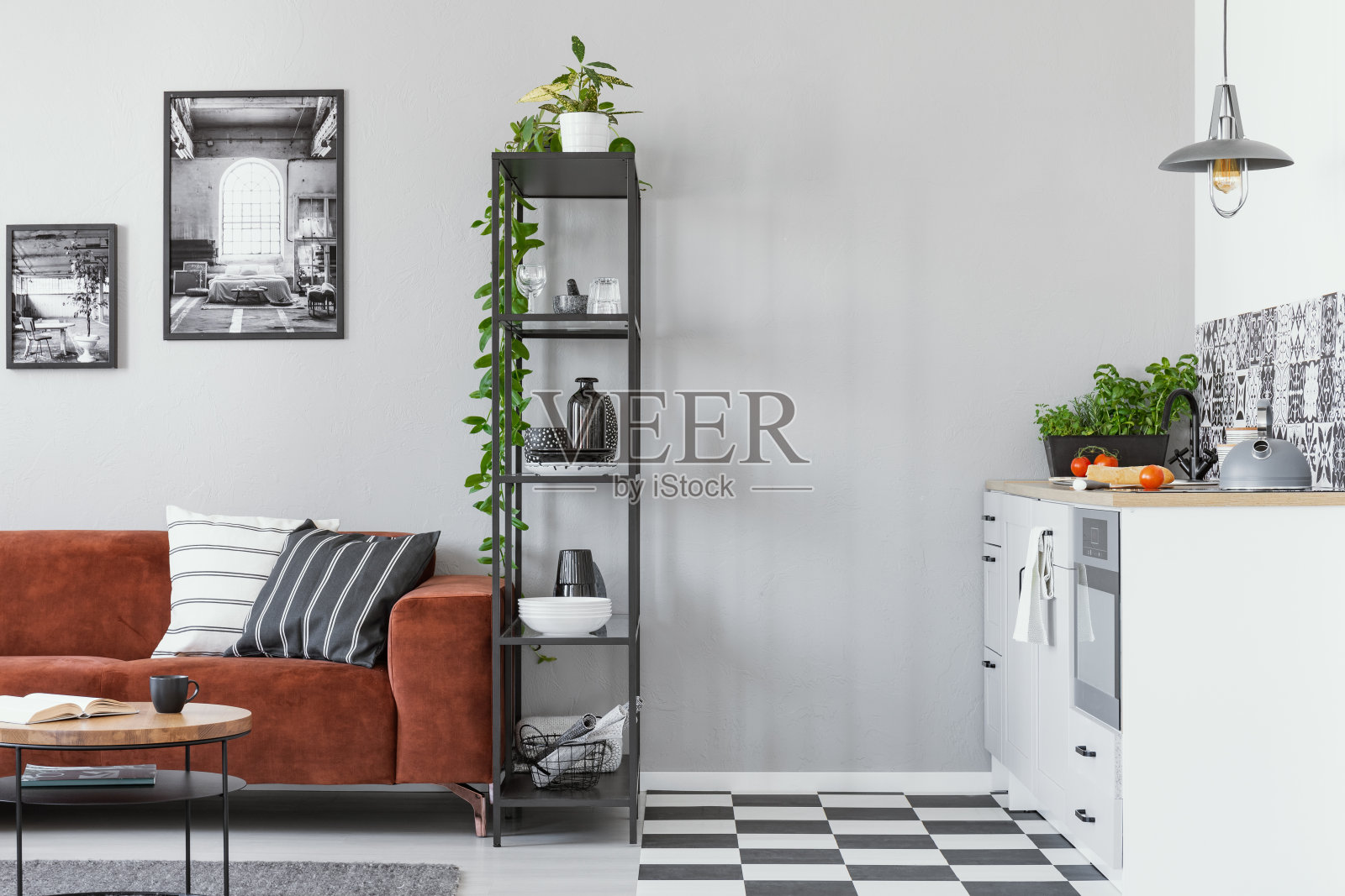 黑色金属书架在灰色斯堪的纳维亚客厅内部与棕色天鹅绒沙发照片摄影图片