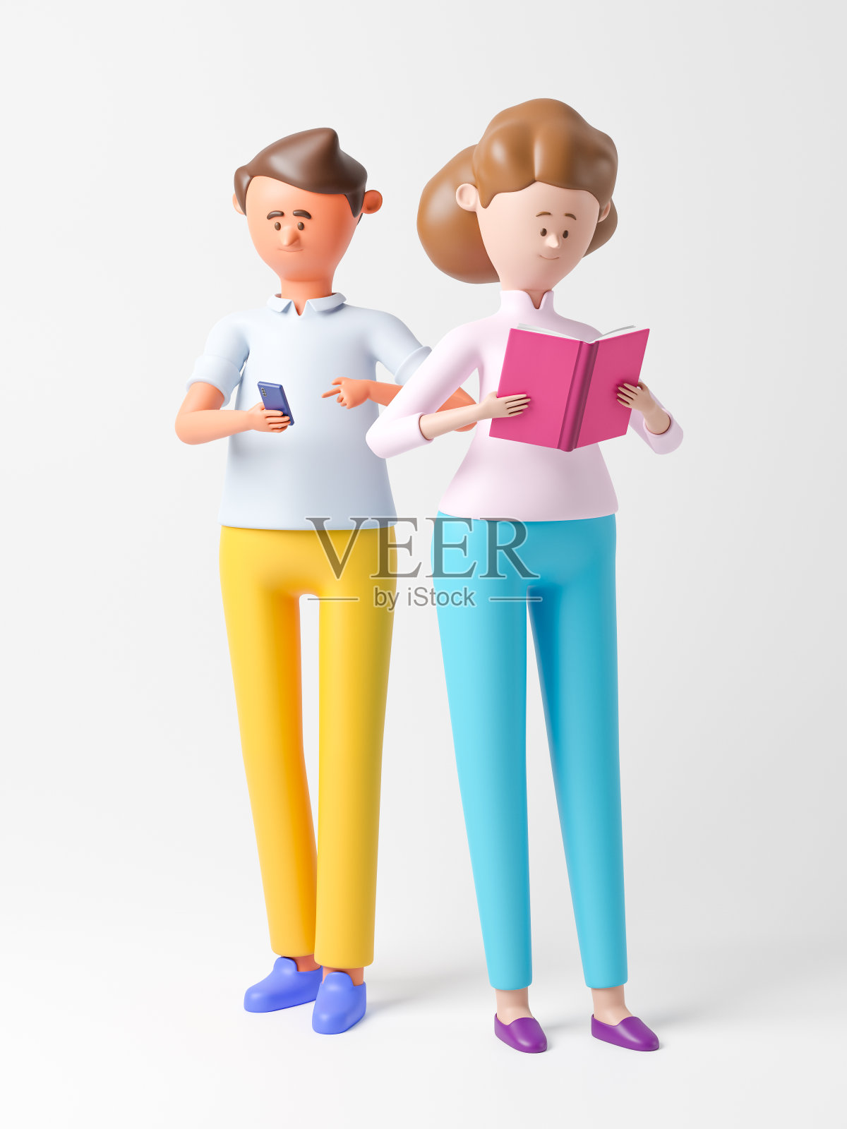 卡通人物拿着智能手机的男人和拿着书的女人照片摄影图片