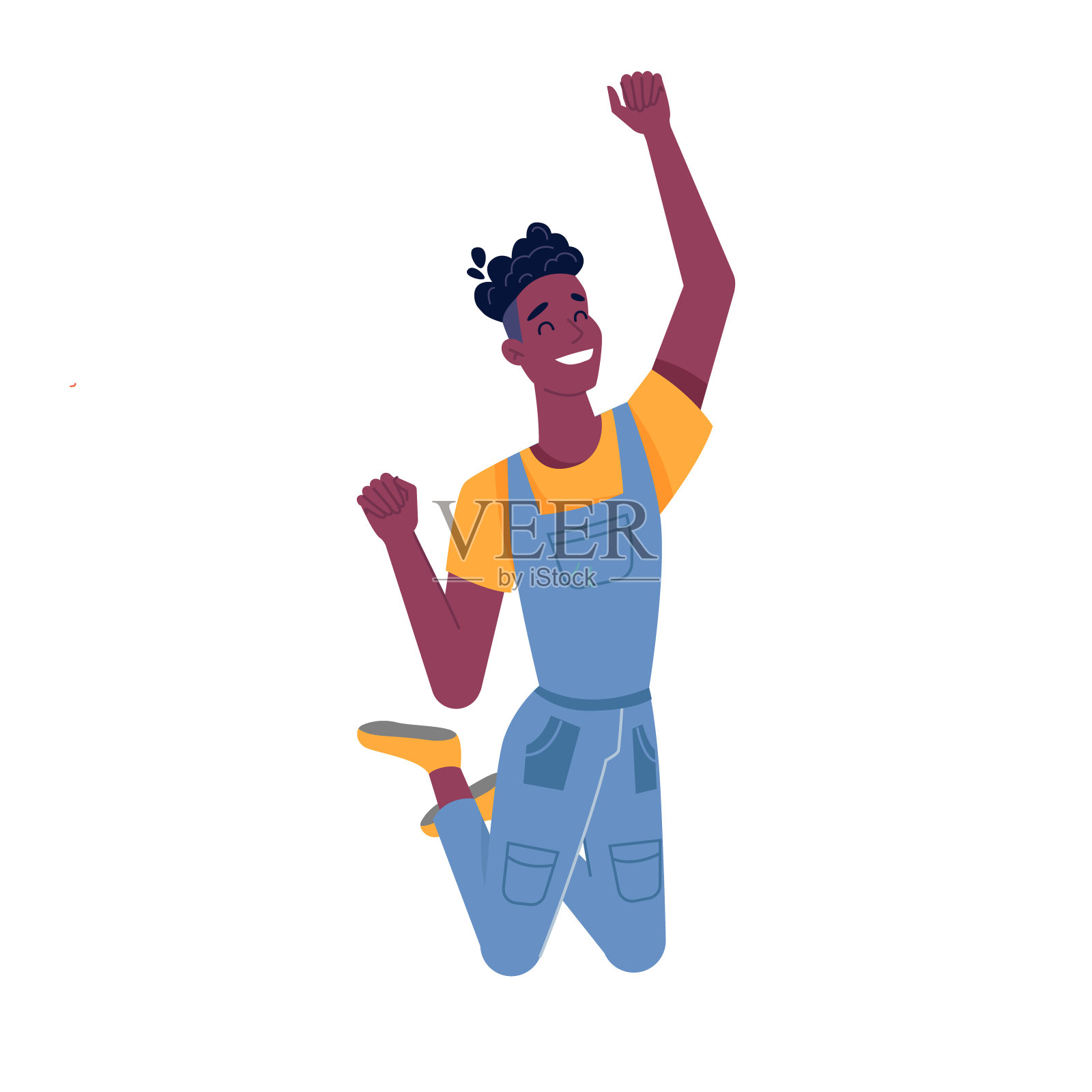 男人或黑人男孩跳跃着快乐的微笑，矢量非裔美国人男孩孤立的平面卡通。年轻的黑人青年与黑皮肤跳和微笑举起手，成功，幸福或运气插画图片素材