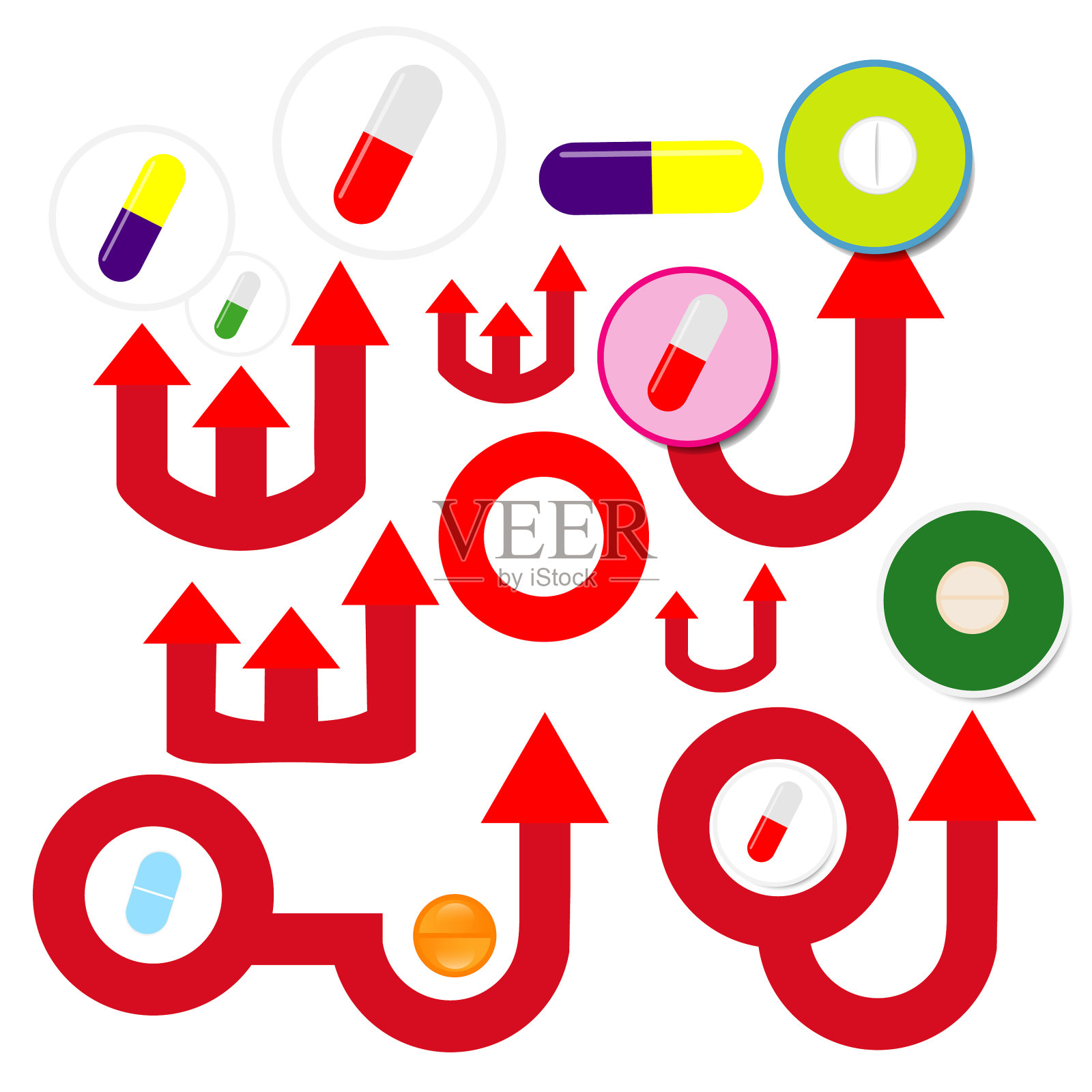 箭头和药物在白色背景设计元素图片