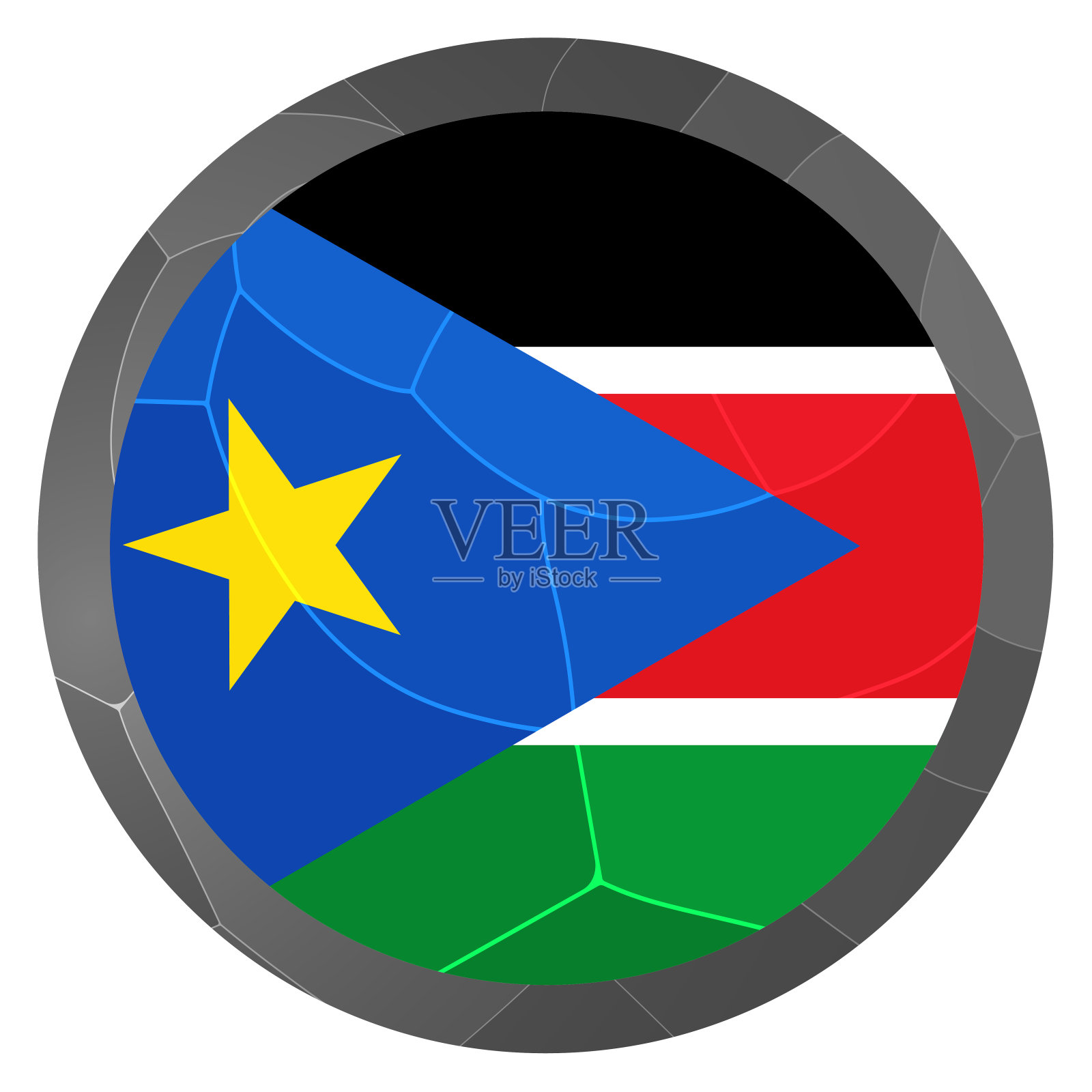 玻璃光球与南苏丹国旗。圆形球体，模板图标。苏丹的国家象征。光滑的现实球，三维抽象矢量插图突出的白色背景。大的泡沫。插画图片素材