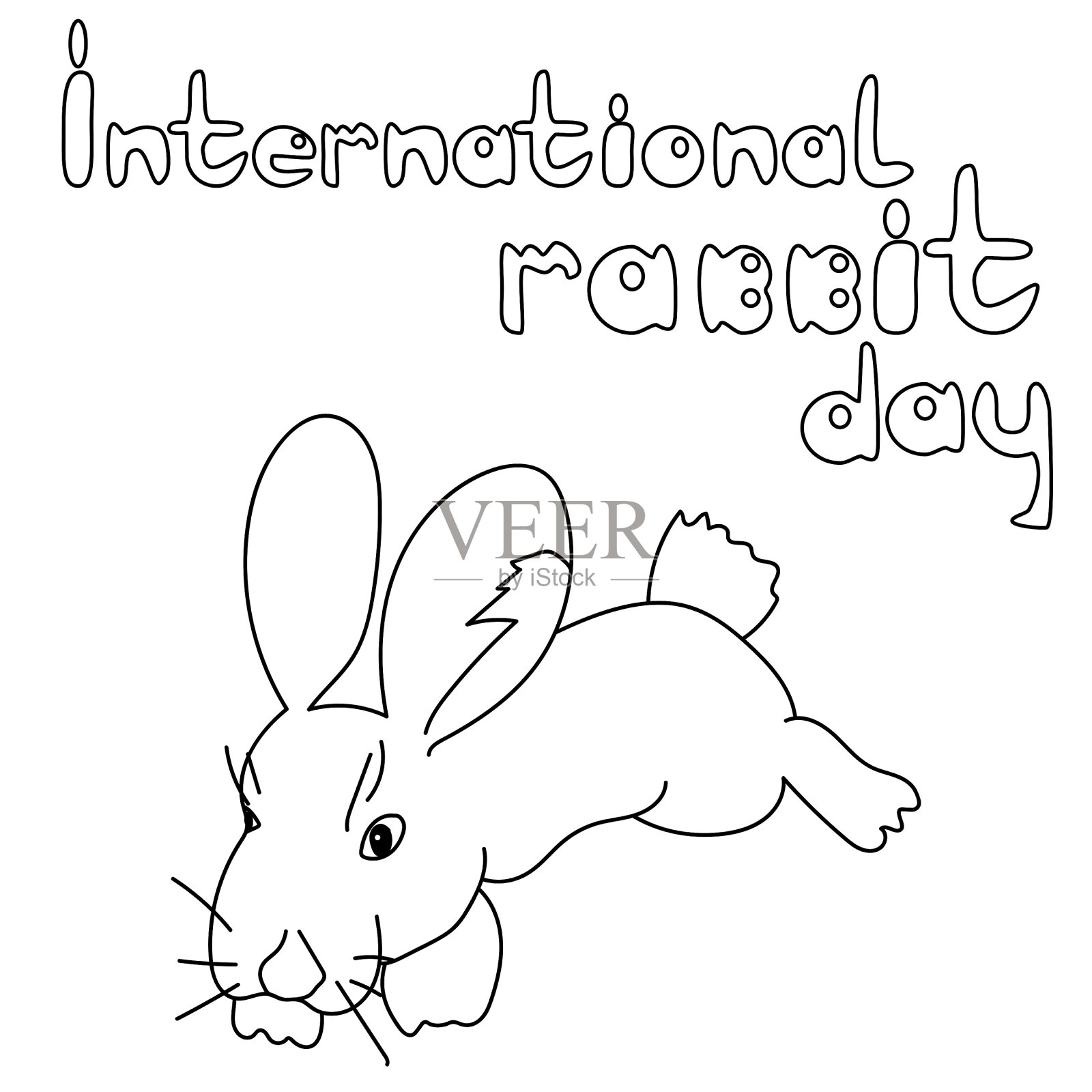 国际兔子日，可爱的轮廓画，小说谎兔子，用小动物着色页和主题题词由体积字母，矢量轮廓插图设计元素图片