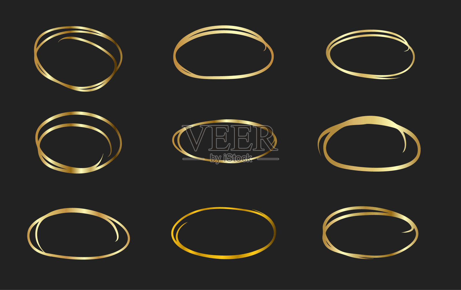 圆形金框架套手绘。抽象矢量设计元素。黄金概念，闪亮的圆与细现实线海报，横幅，封面，印刷。设计元素图片