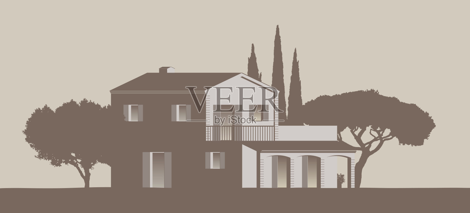 地中海矢量剪辑艺术Finca家周围的树插画图片素材