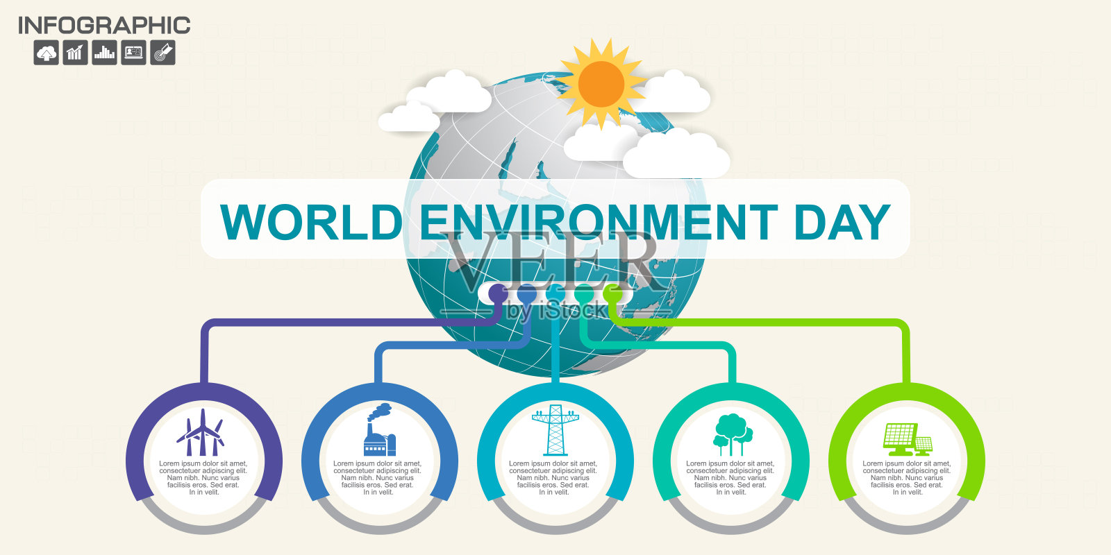 地球与信息图形矢量插图可以用作传单，横幅或海报。世界环境日概念。插画图片素材