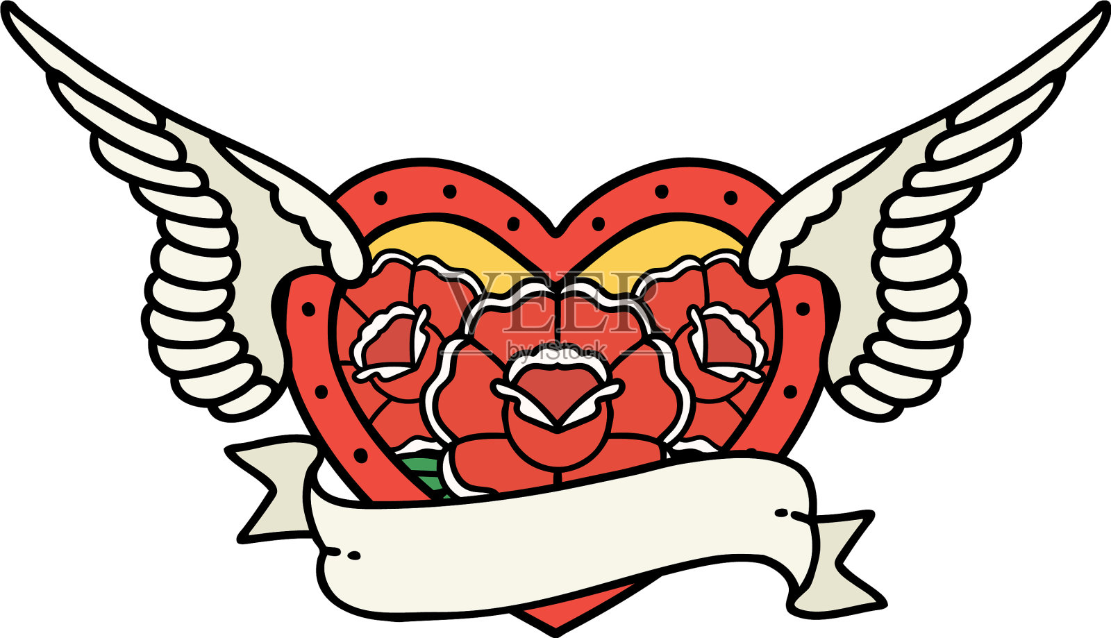 传统的纹身，一个飞翔的心与花设计元素图片