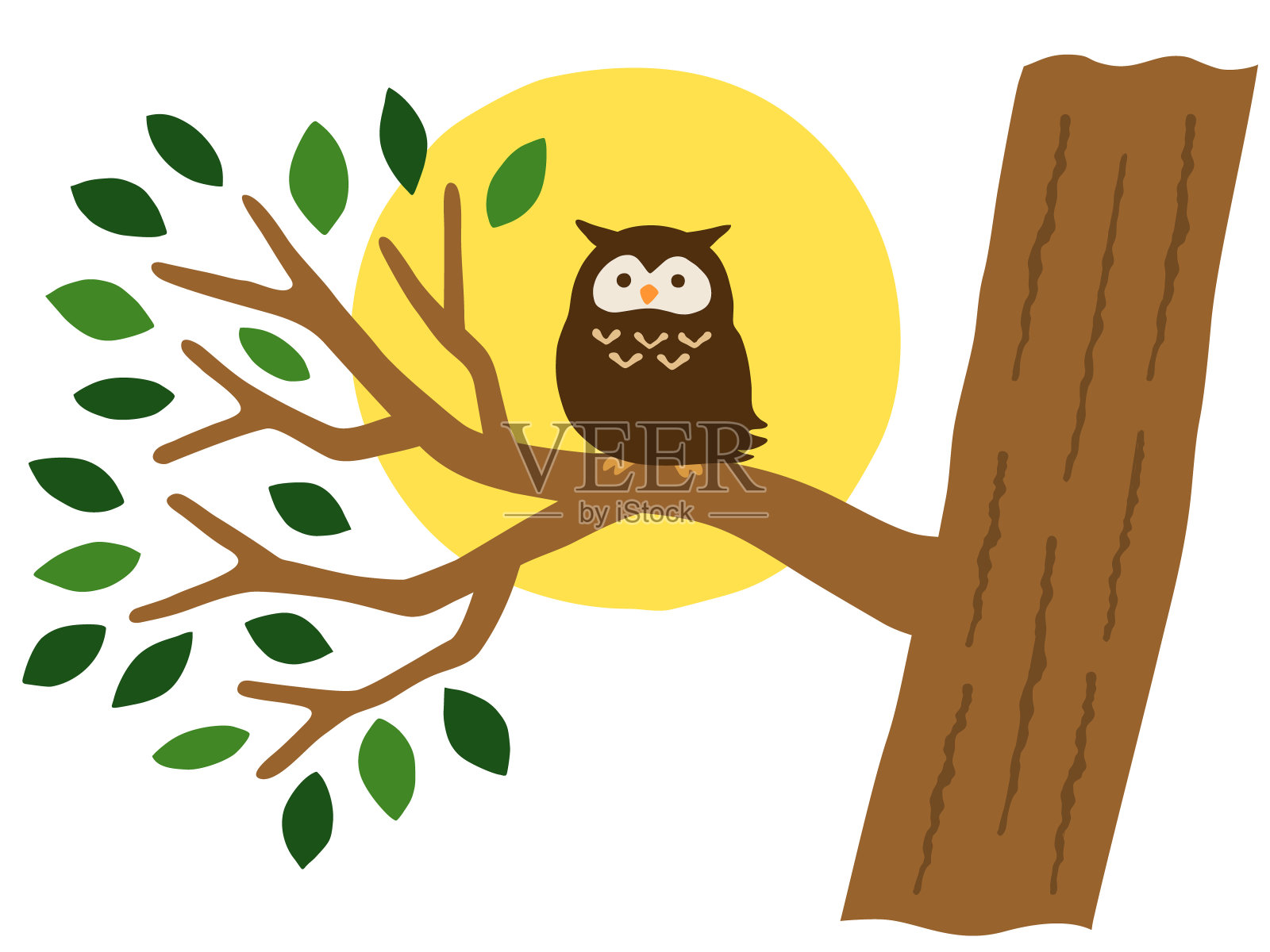 一个猫头鹰栖息在枝繁叶茂的树上和满月的插图插画图片素材