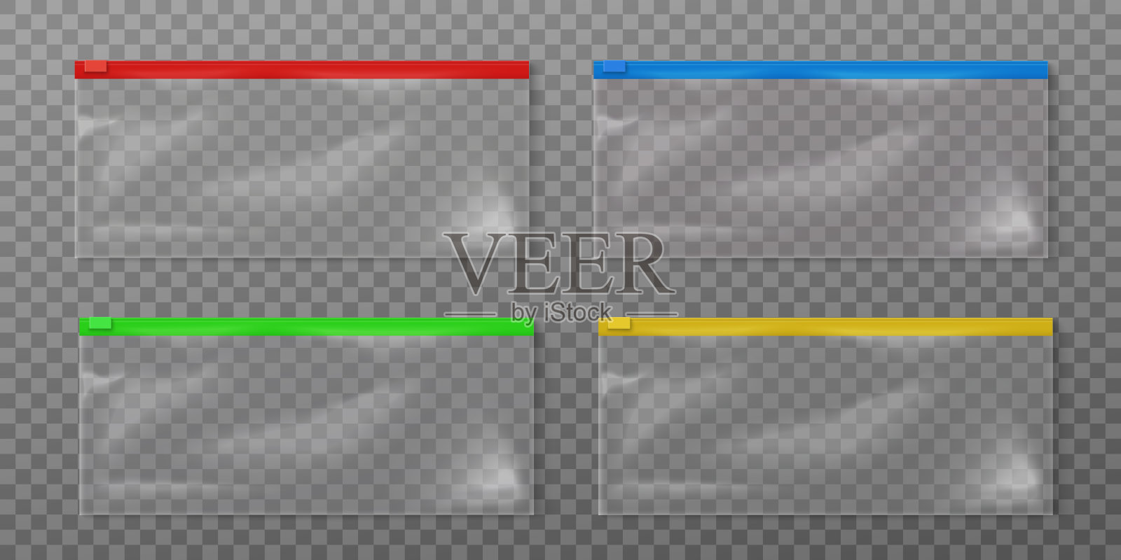 逼真的拉链袋设置与彩色拉链透明的背景插画图片素材