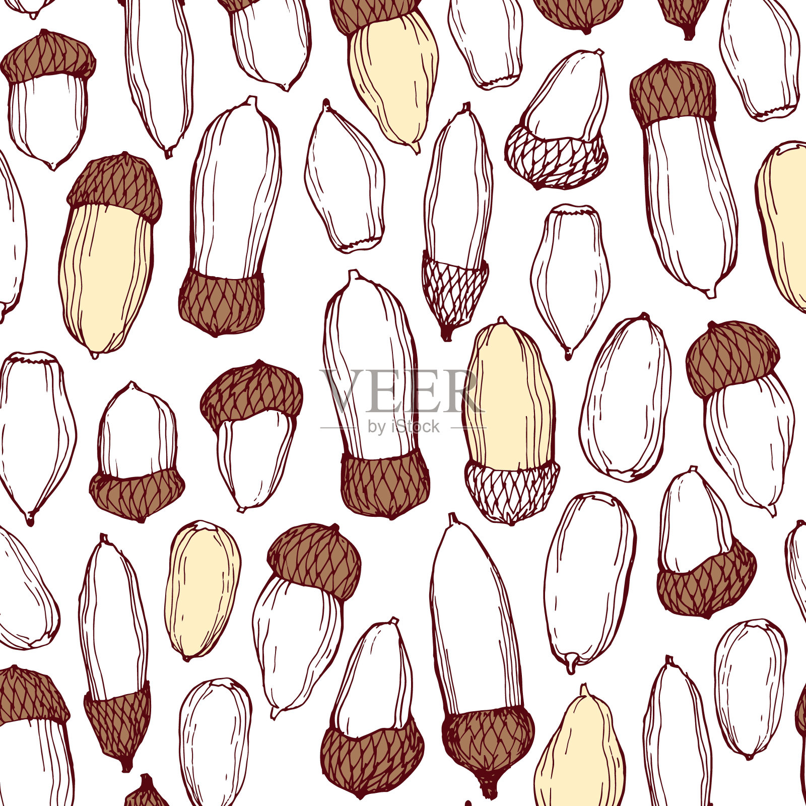 矢量墨水速写橡子无缝图案。插画图片素材