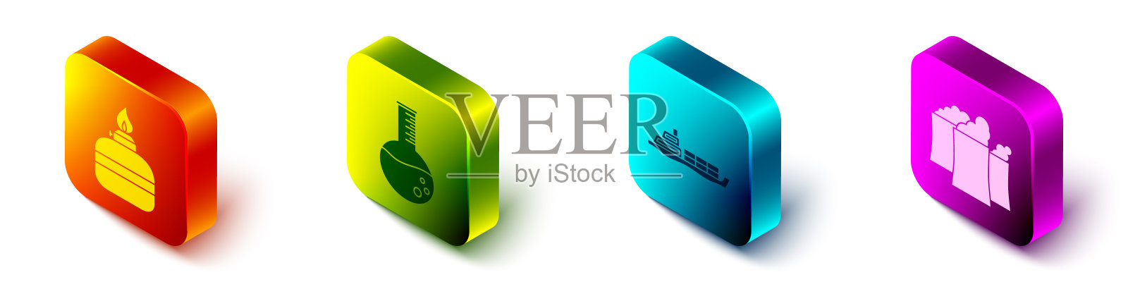 设置等距酒精或酒精燃烧器，石油汽油试管，油船和石油工业厂房图标。向量图标素材