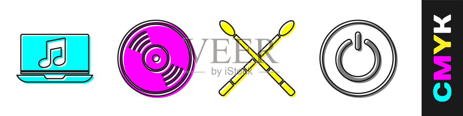 设置笔记本电脑音乐笔记，黑胶唱片，鼓棒和电源按钮图标。向量图标素材