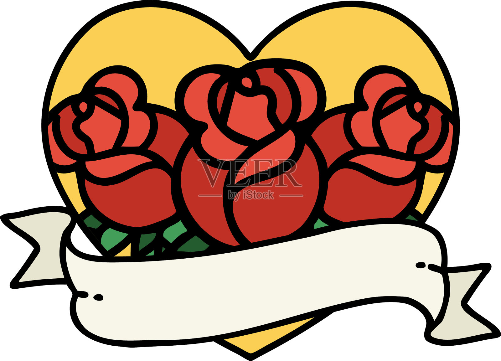 传统的心形和旗帜纹身设计元素图片