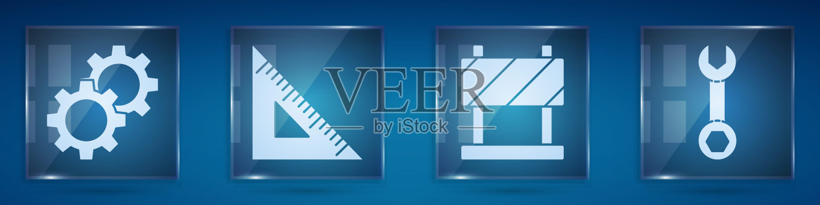 设置齿轮，三角尺，路障和扳手扳手。方形玻璃面板。向量插画图片素材