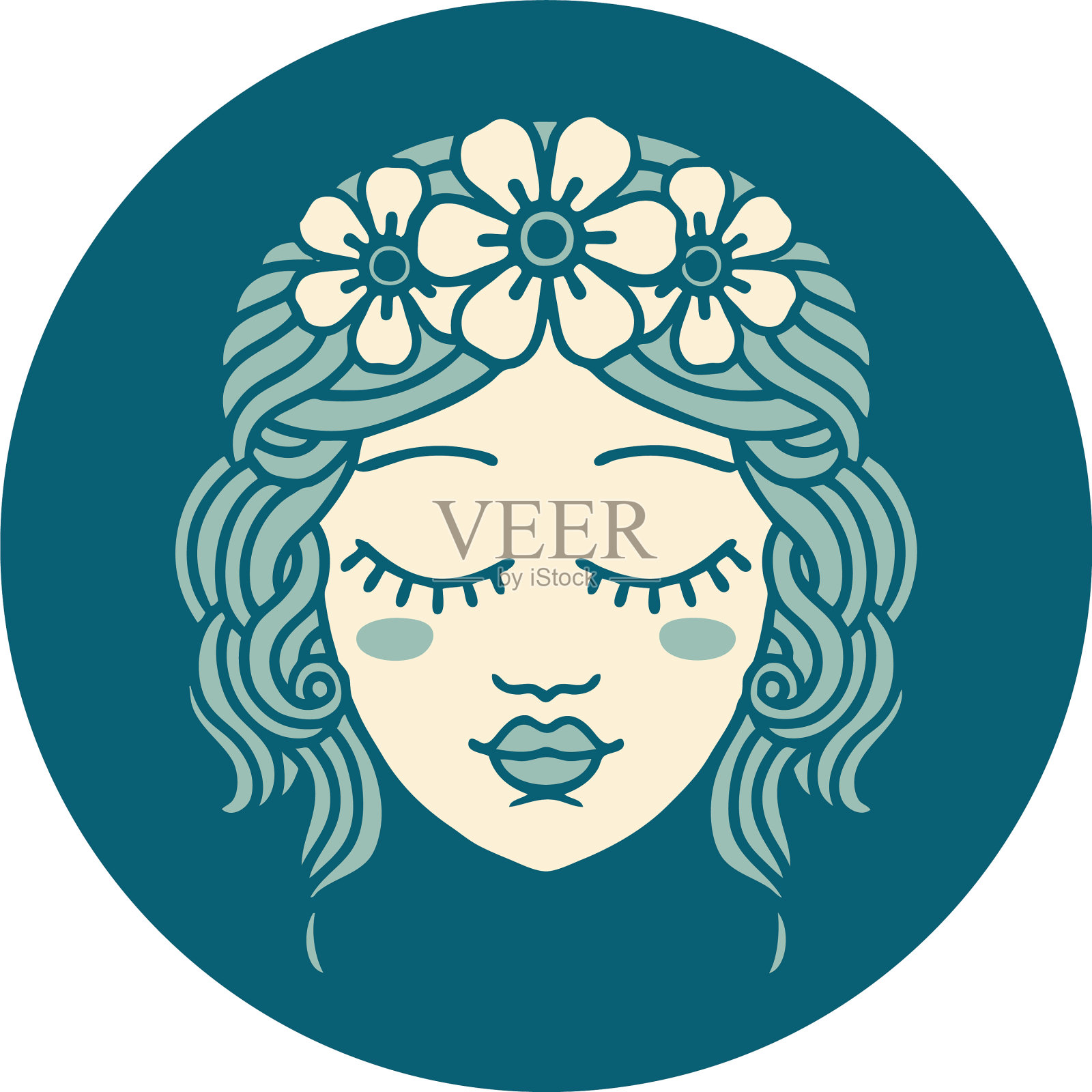 纹身风格的图标女性脸部闭上眼睛插画图片素材