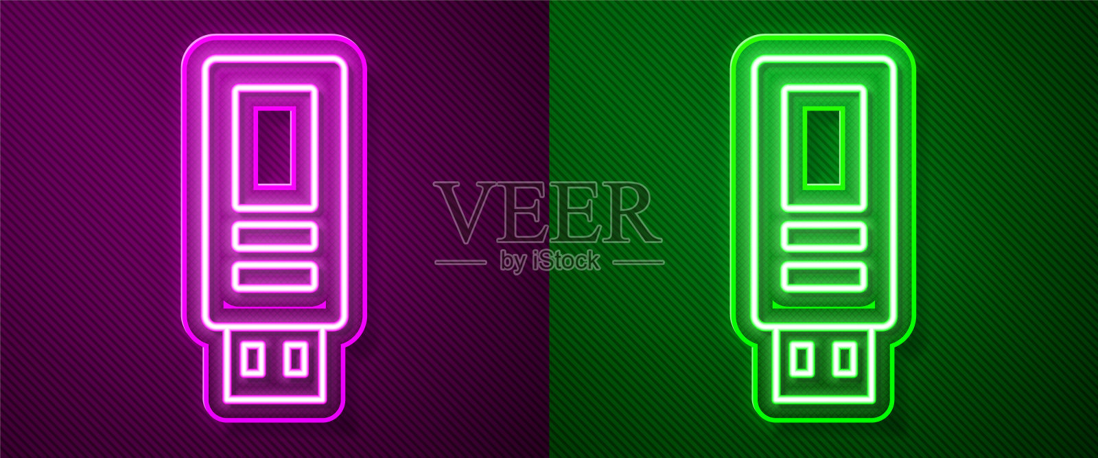 发光的霓虹灯线USB闪存驱动器图标隔离在紫色和绿色的背景。向量插画图片素材