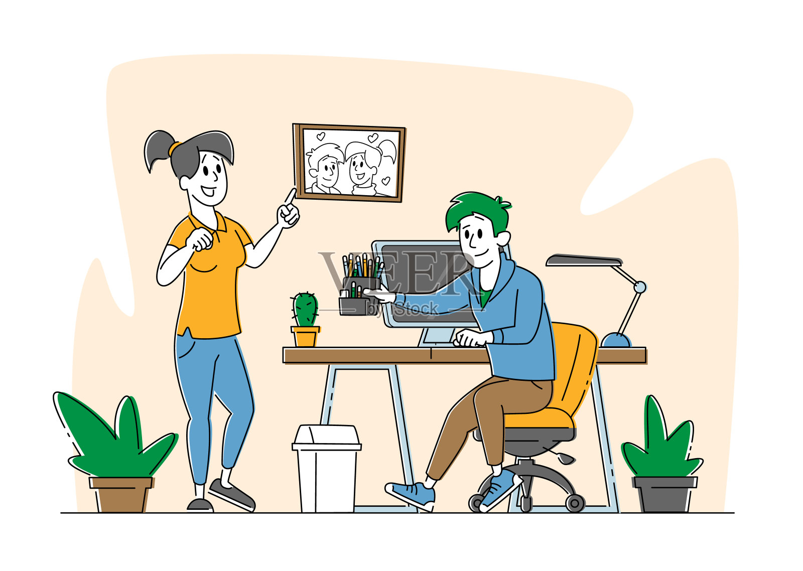 远程自由职业在家工作，家庭工作场所，自我雇佣。男人和女人自由职业者在家远程工作插画图片素材