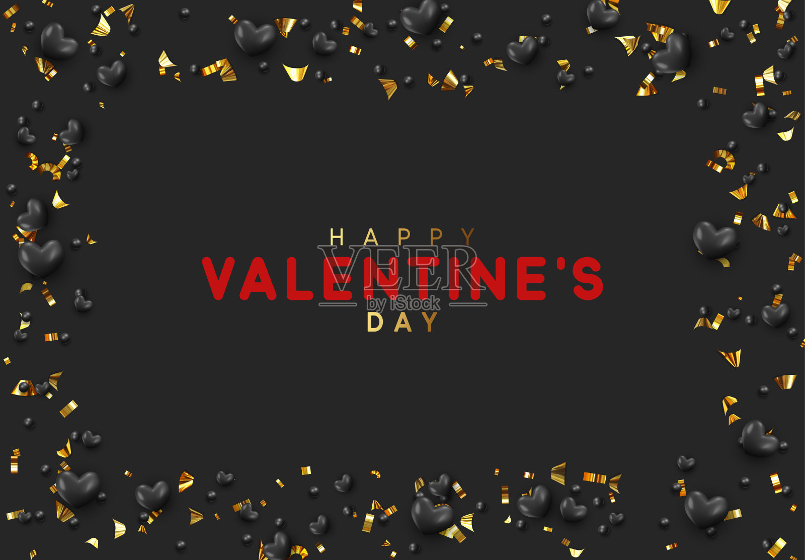 背景与黑色的心和圆形珠子撒有金色的五彩纸屑。情人节快乐矢量插图。插画图片素材