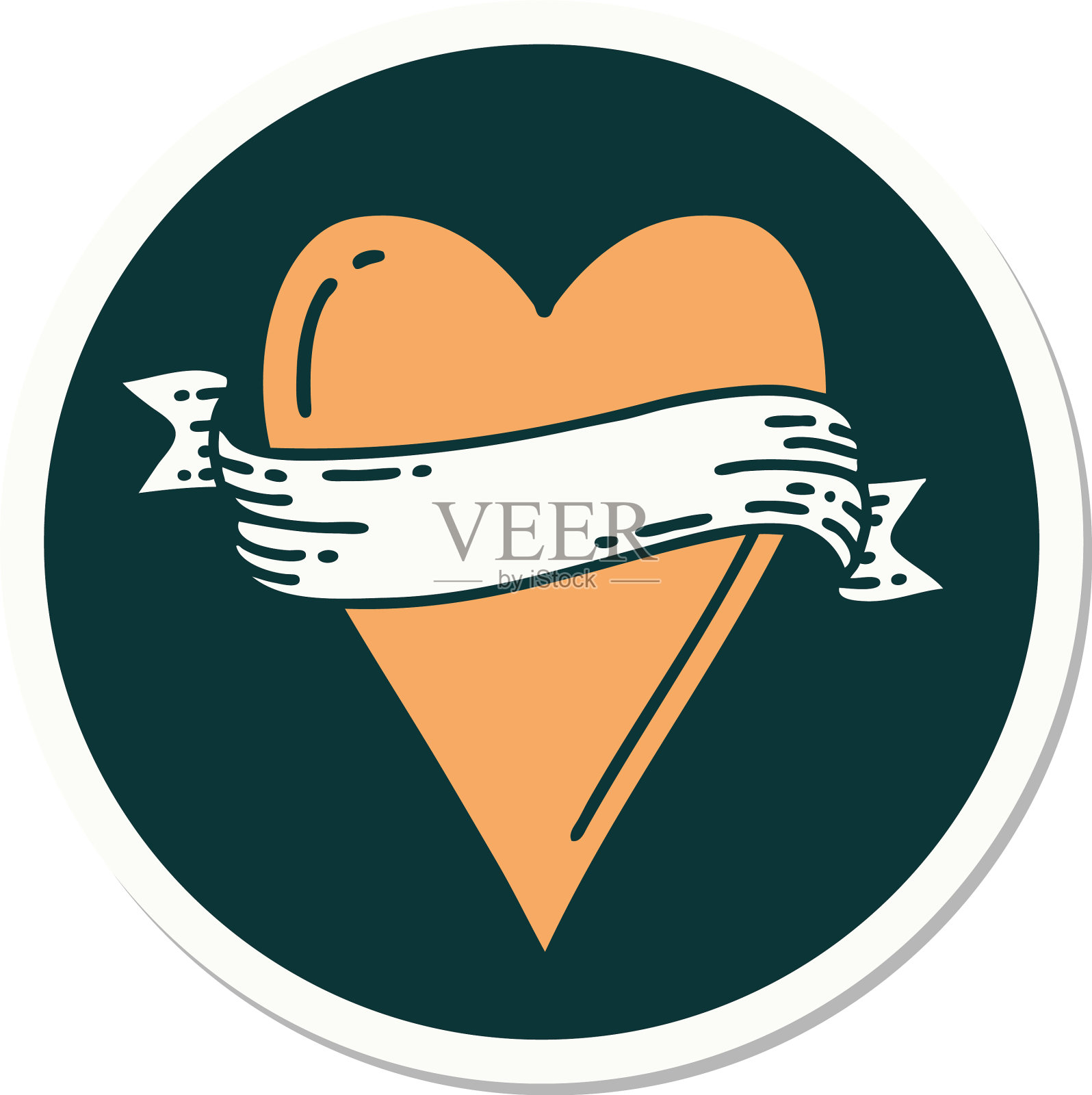 纹身风格贴纸一颗心和旗帜图标素材