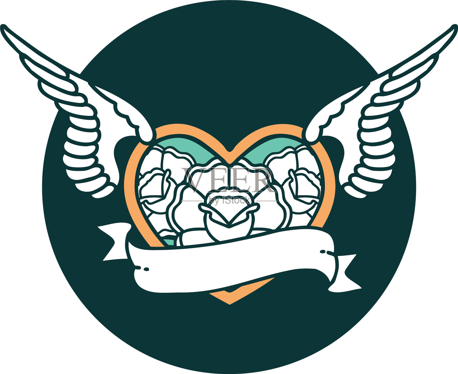 纹身风格图标一个飞翔的心与花设计元素图片