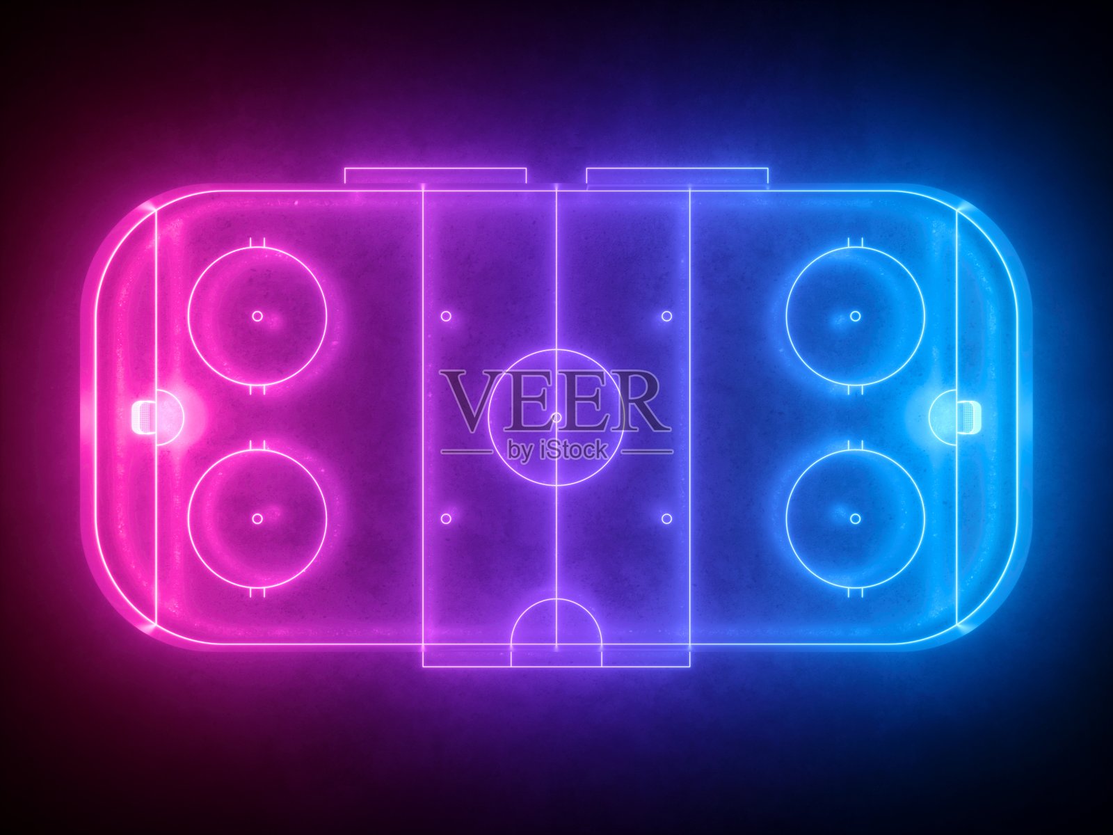 3d渲染，虚拟霓虹灯冰球顶视图，运动游戏操场，粉红色的蓝色发光线在黑色的背景照片摄影图片