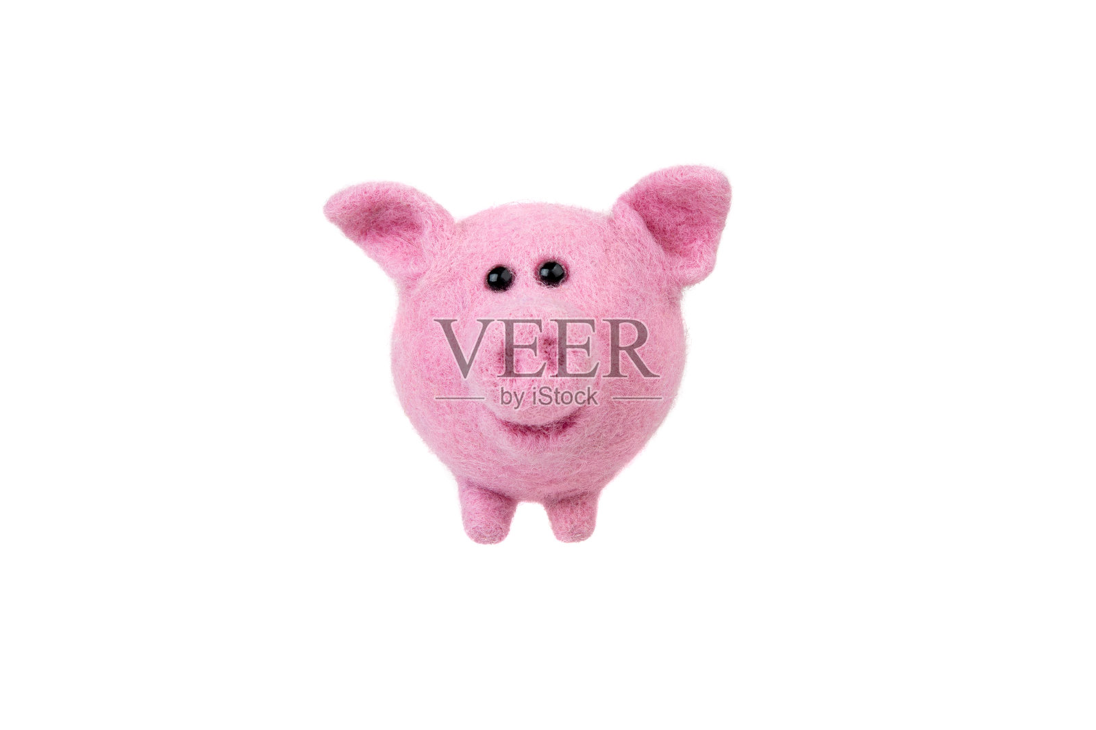 手工毛毡玩具孤立在白色背景。粉红色的羊毛小猪。柔软的玩具猪。照片摄影图片