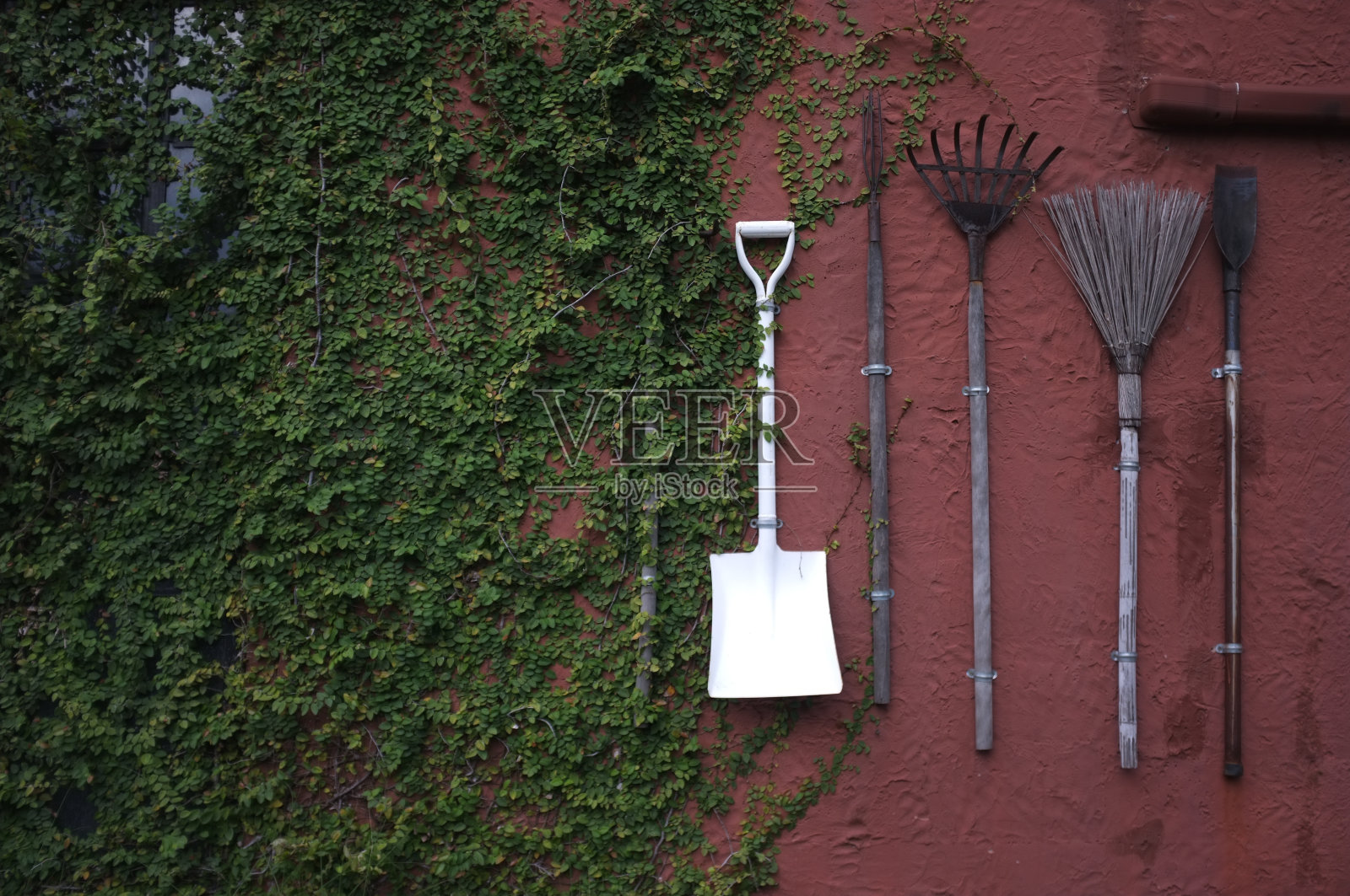 园艺工具挂在红色的水泥墙上。照片摄影图片